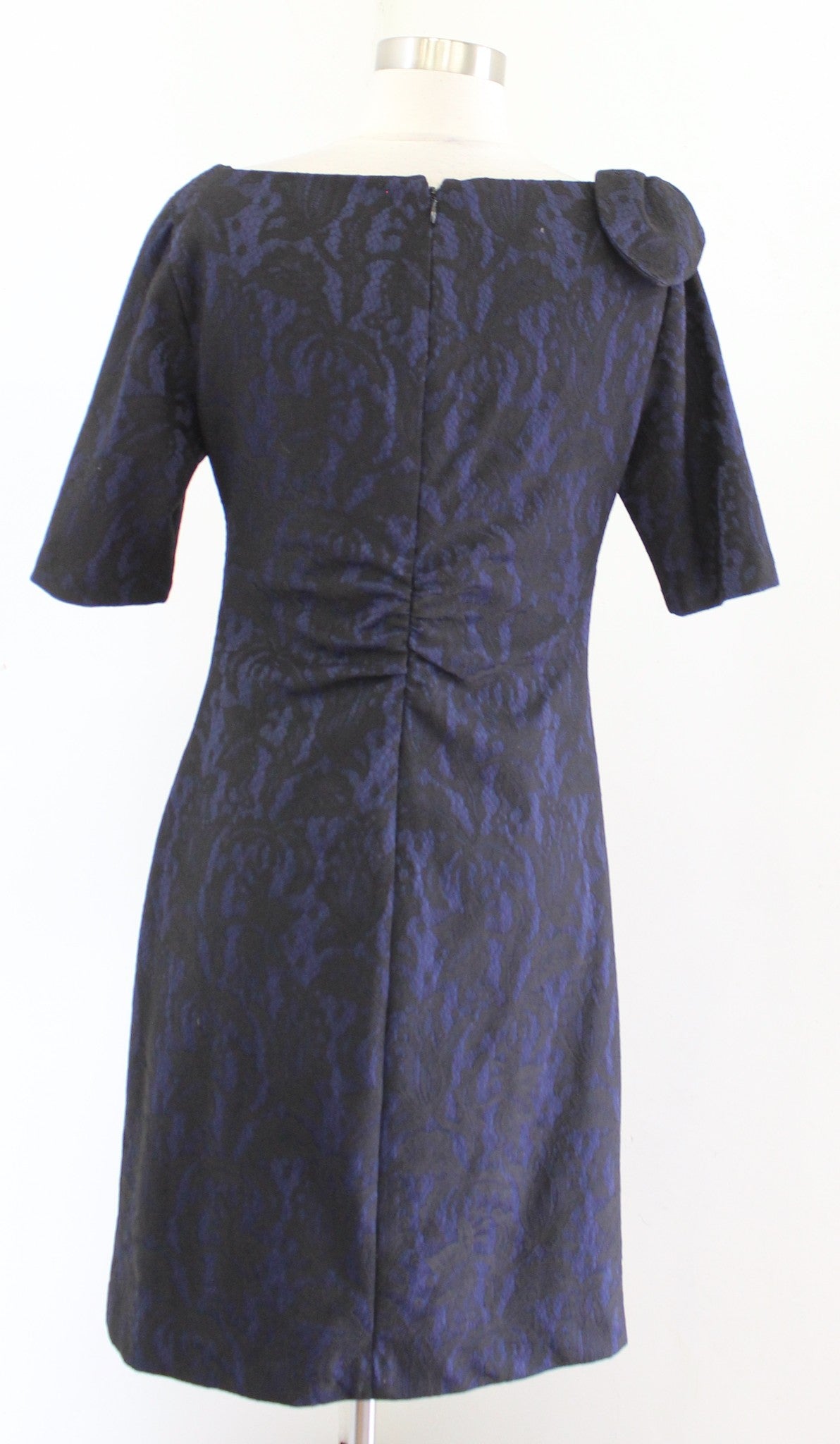 Kay Unger Navy Blue Black Lace Bow Accent Ruched Sheath Dress Size 8 Cocktail