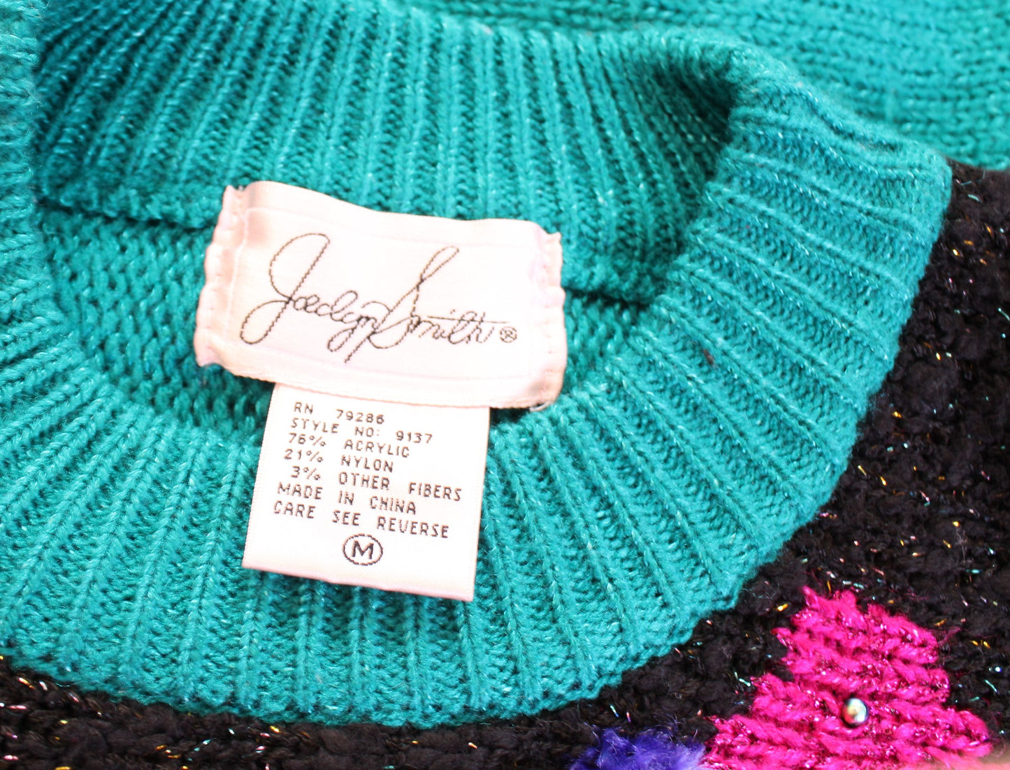 Vtg 90s Teal Patchwork Knit Bow Print Pullover Sweater Size M Retro Color Block