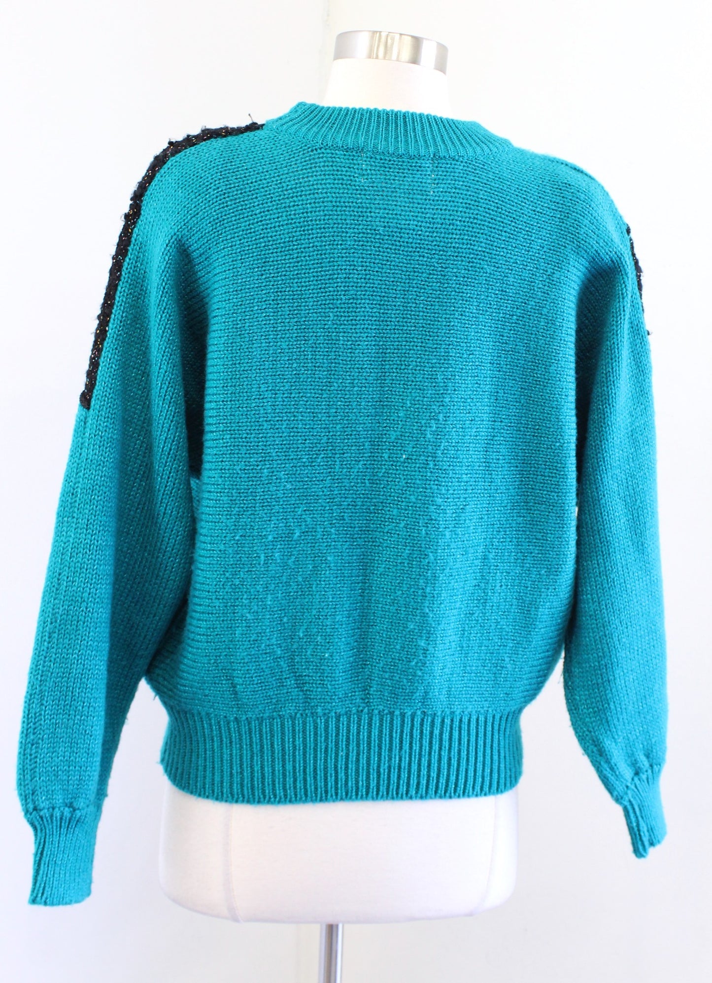 Vtg 90s Teal Patchwork Knit Bow Print Pullover Sweater Size M Retro Color Block