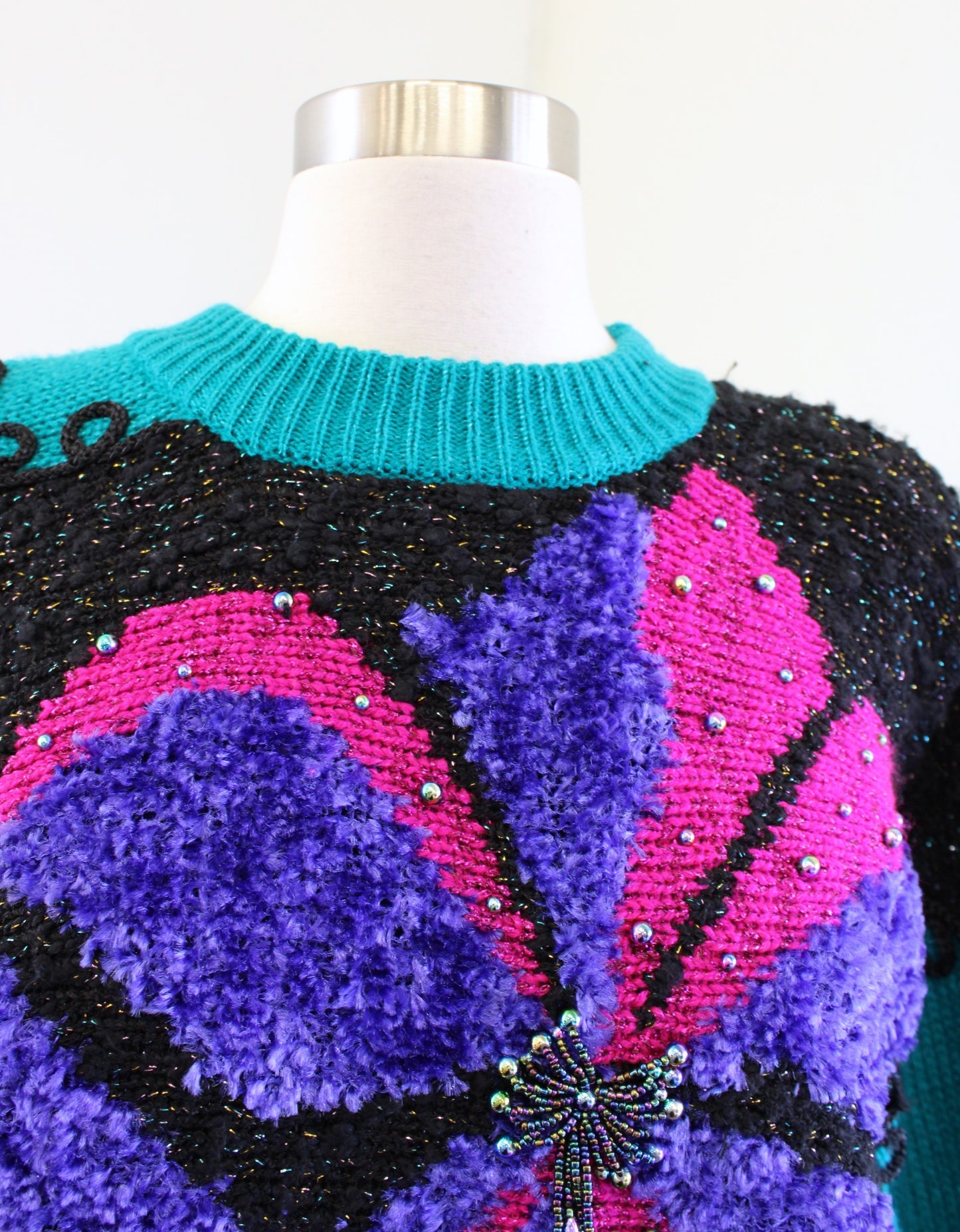 Vtg 90s Teal Patchwork Knit Bow Print Pullover Sweater Size M Retro Color Block