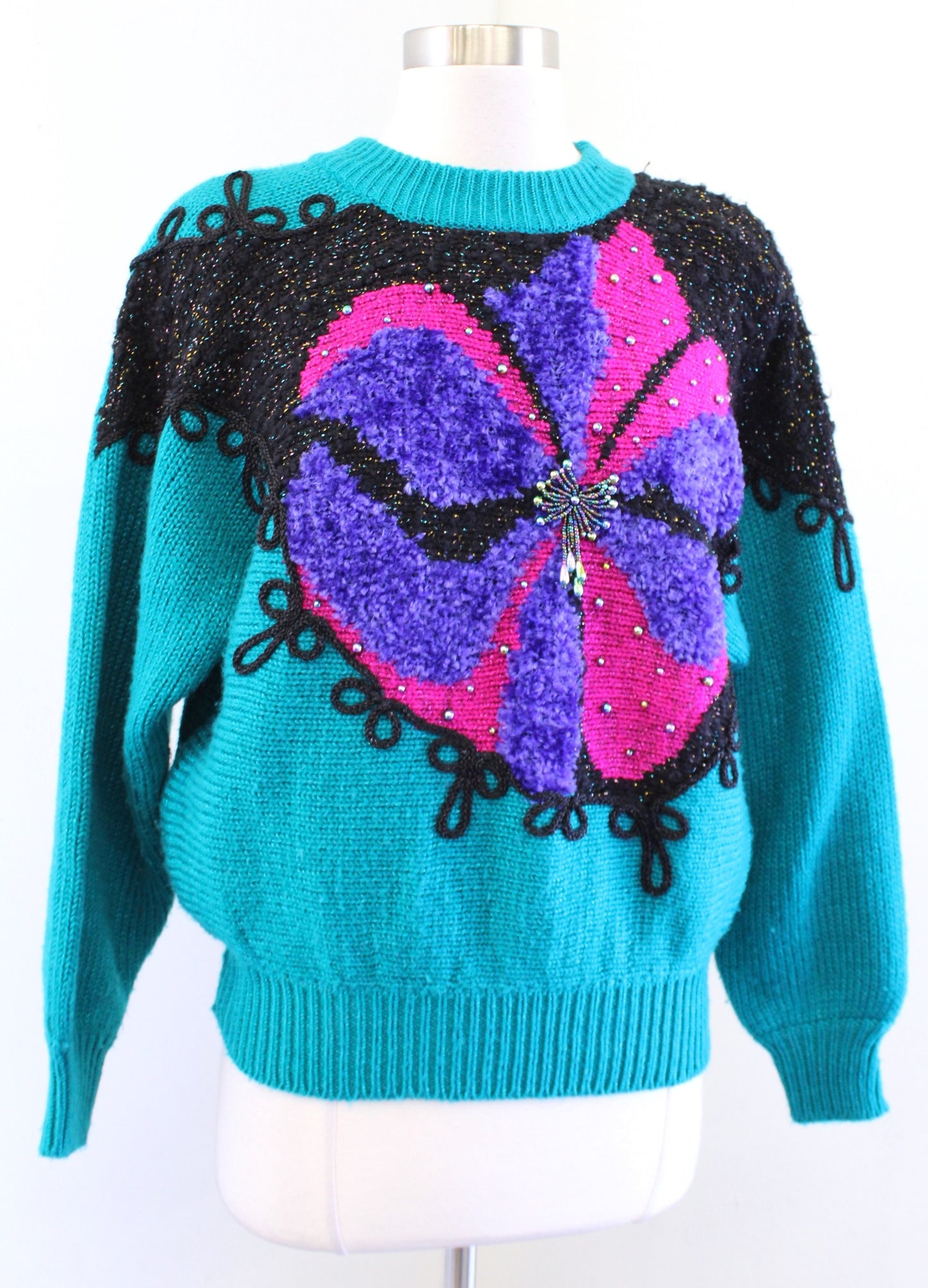 Vtg 90s Teal Patchwork Knit Bow Print Pullover Sweater Size M Retro Color Block