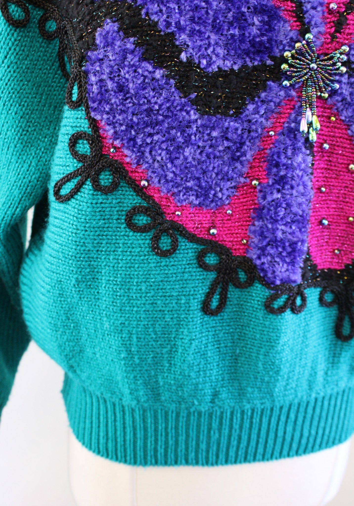 Vtg 90s Teal Patchwork Knit Bow Print Pullover Sweater Size M Retro Color Block