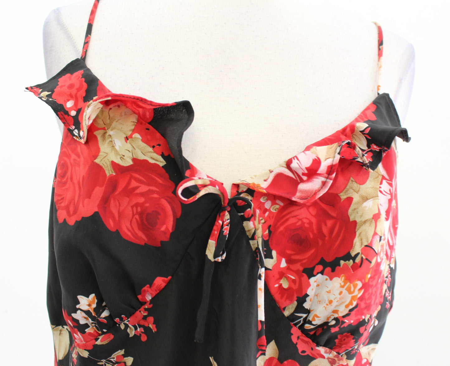 Vtg 2000s Y2k Womens Black Red Rose Floral Ruffle Slip Dress Size 16 Flounce