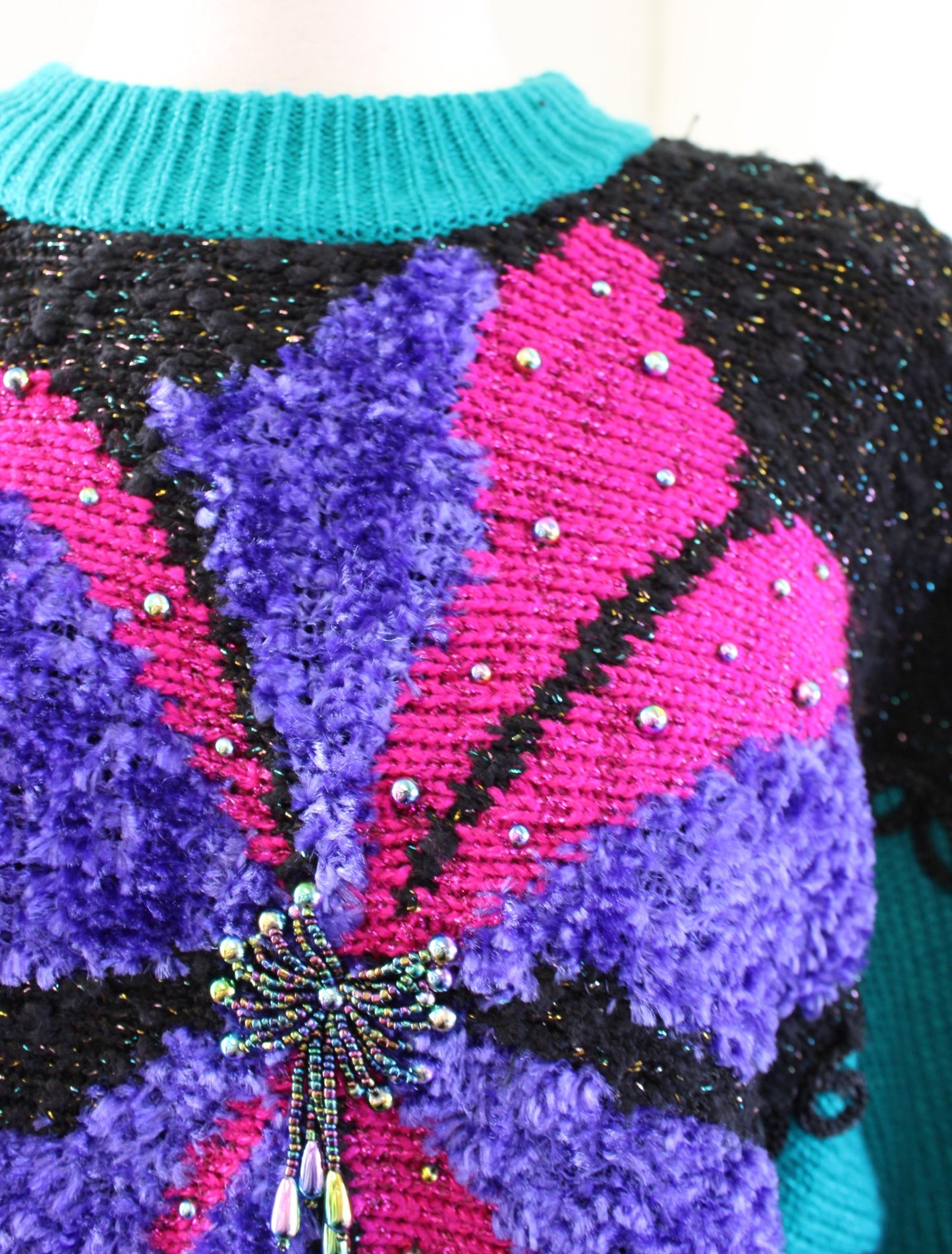 Vtg 90s Teal Patchwork Knit Bow Print Pullover Sweater Size M Retro Color Block