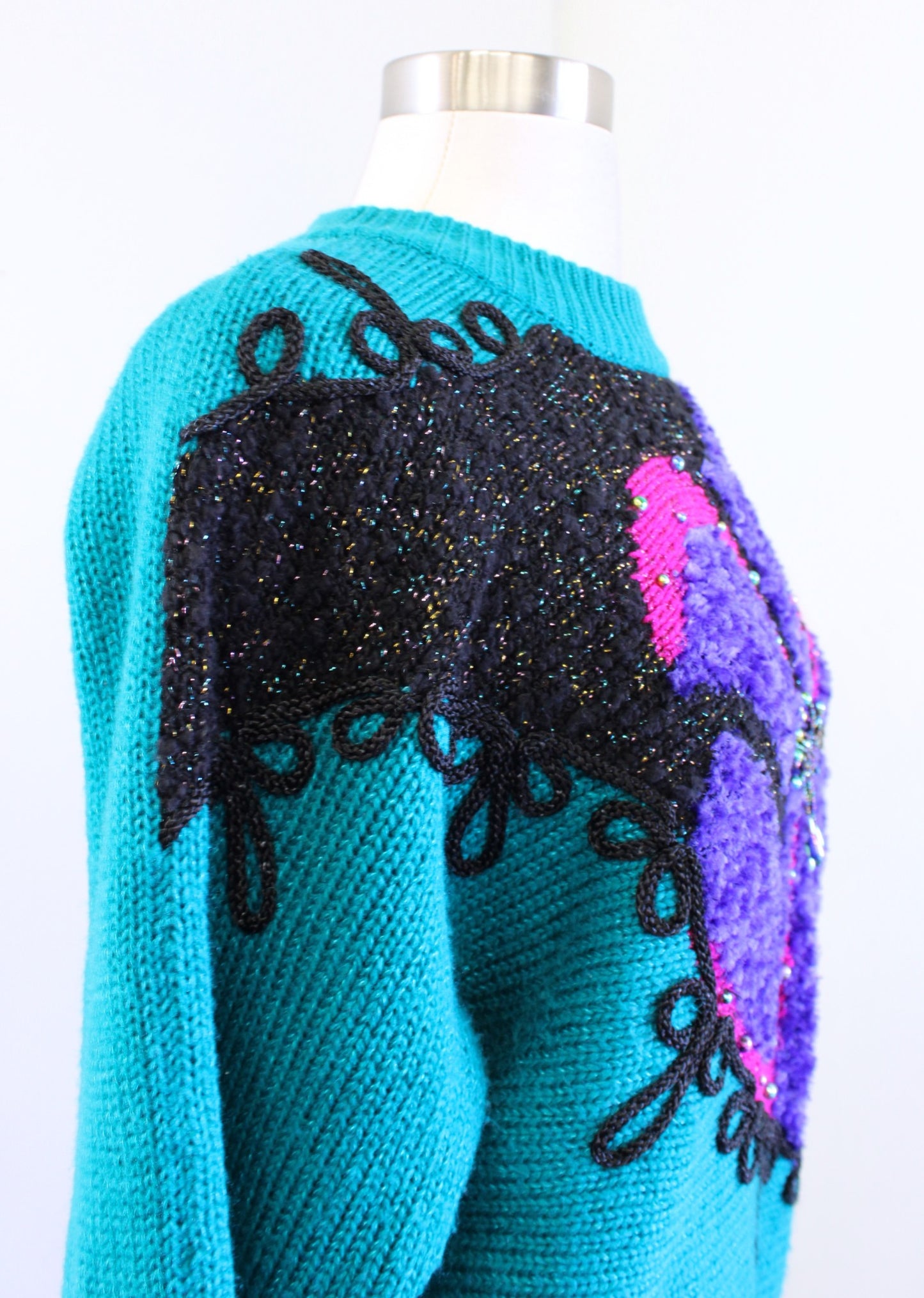 Vtg 90s Teal Patchwork Knit Bow Print Pullover Sweater Size M Retro Color Block