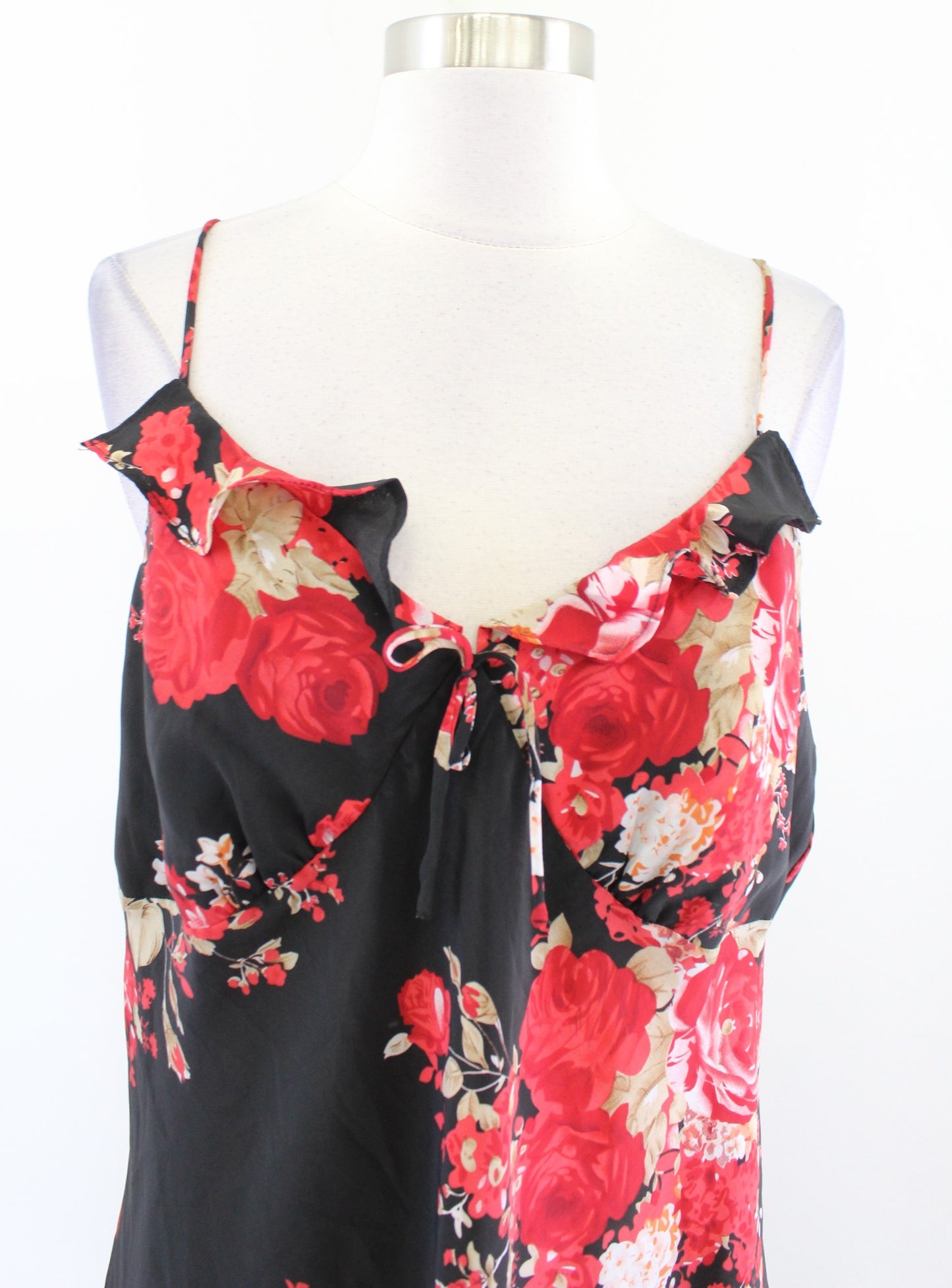 Vtg 2000s Y2k Womens Black Red Rose Floral Ruffle Slip Dress Size 16 Flounce