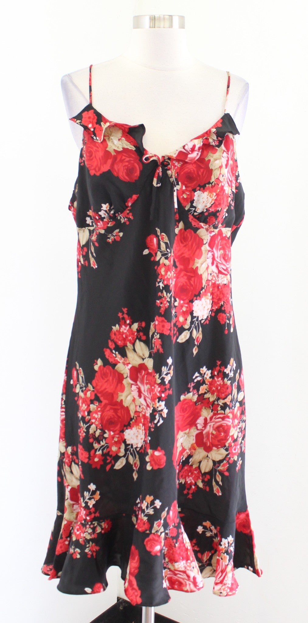 Vtg 2000s Y2k Womens Black Red Rose Floral Ruffle Slip Dress Size 16 Flounce
