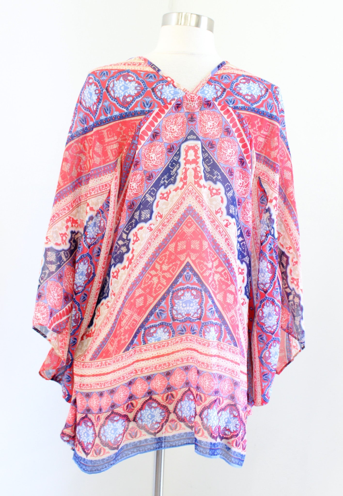 Hale Bob Dija Silk Geometric Print Poncho Caftan Style Top Blouse Size S Boho