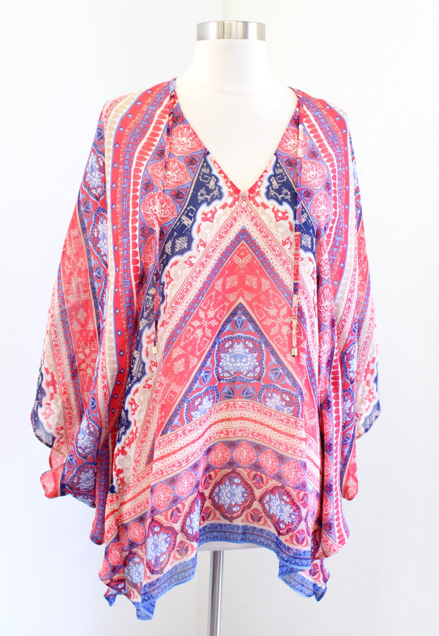 Hale Bob Dija Silk Geometric Print Poncho Caftan Style Top Blouse Size S Boho