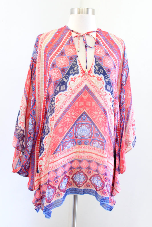 Hale Bob Dija Silk Geometric Print Poncho Caftan Style Top Blouse Size S Boho