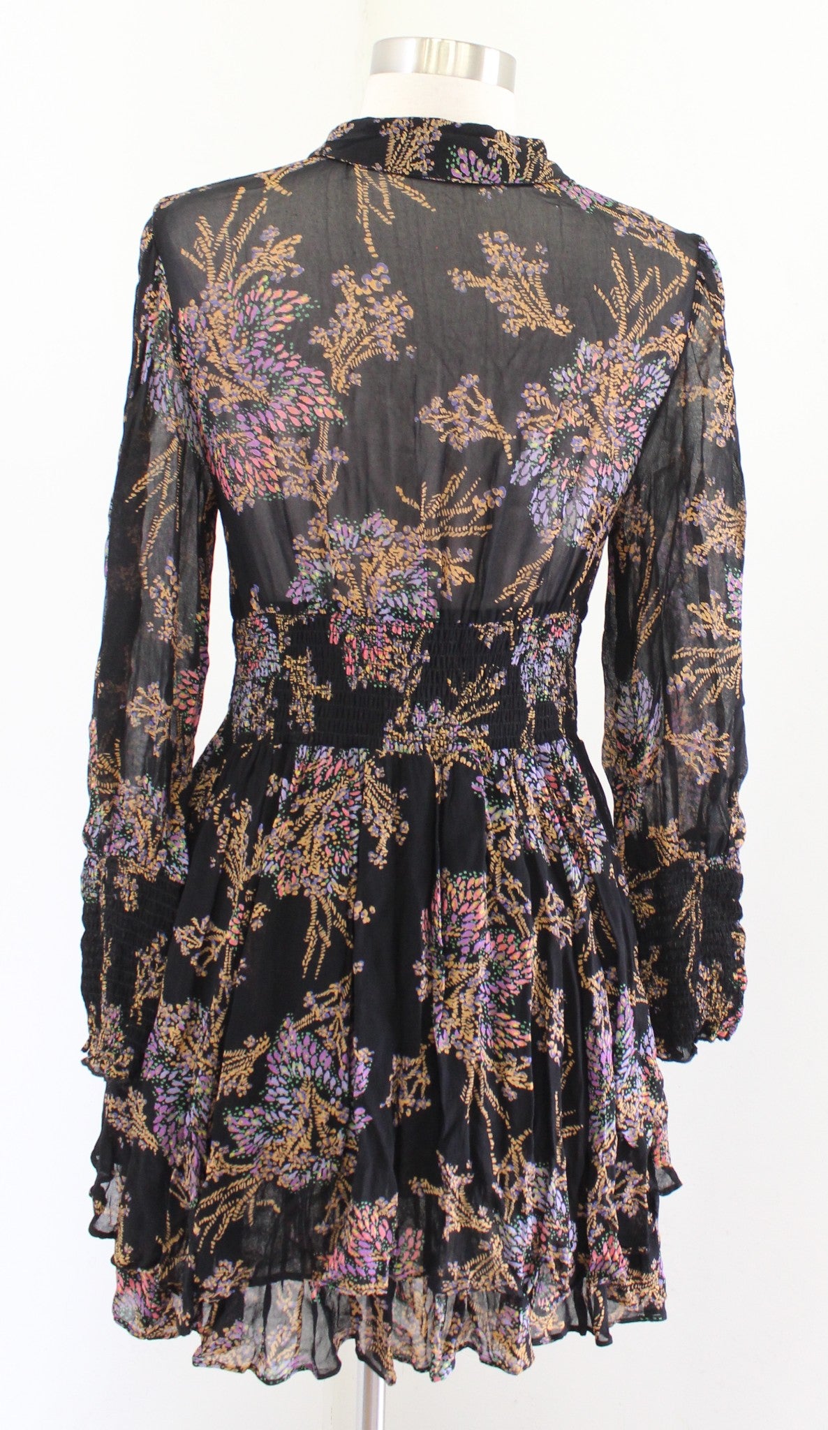 Free People Fake Pretend Black Floral Long Sleeve Smocked Mini Dress Size S