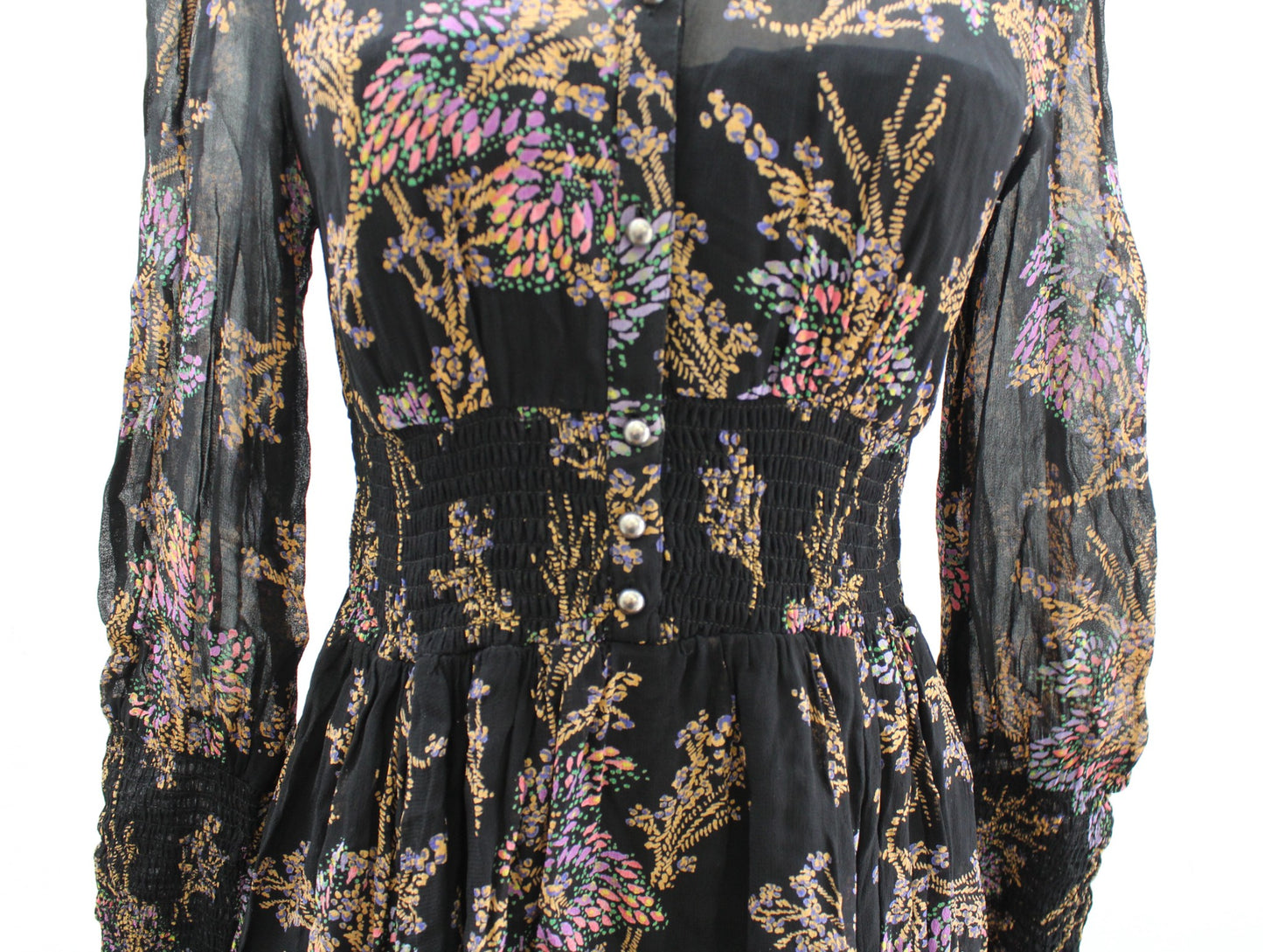 Free People Fake Pretend Black Floral Long Sleeve Smocked Mini Dress Size S
