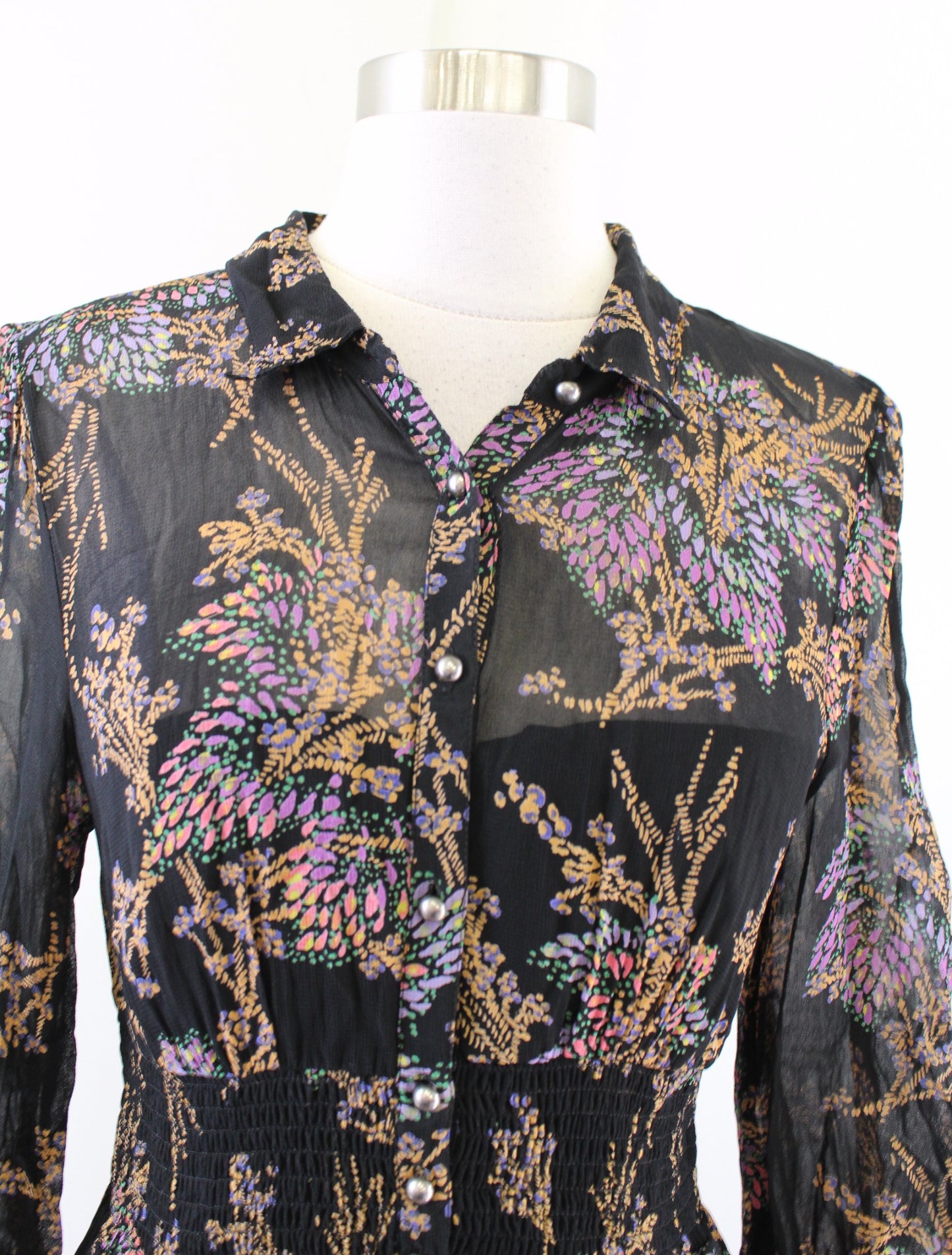 Free People Fake Pretend Black Floral Long Sleeve Smocked Mini Dress Size S