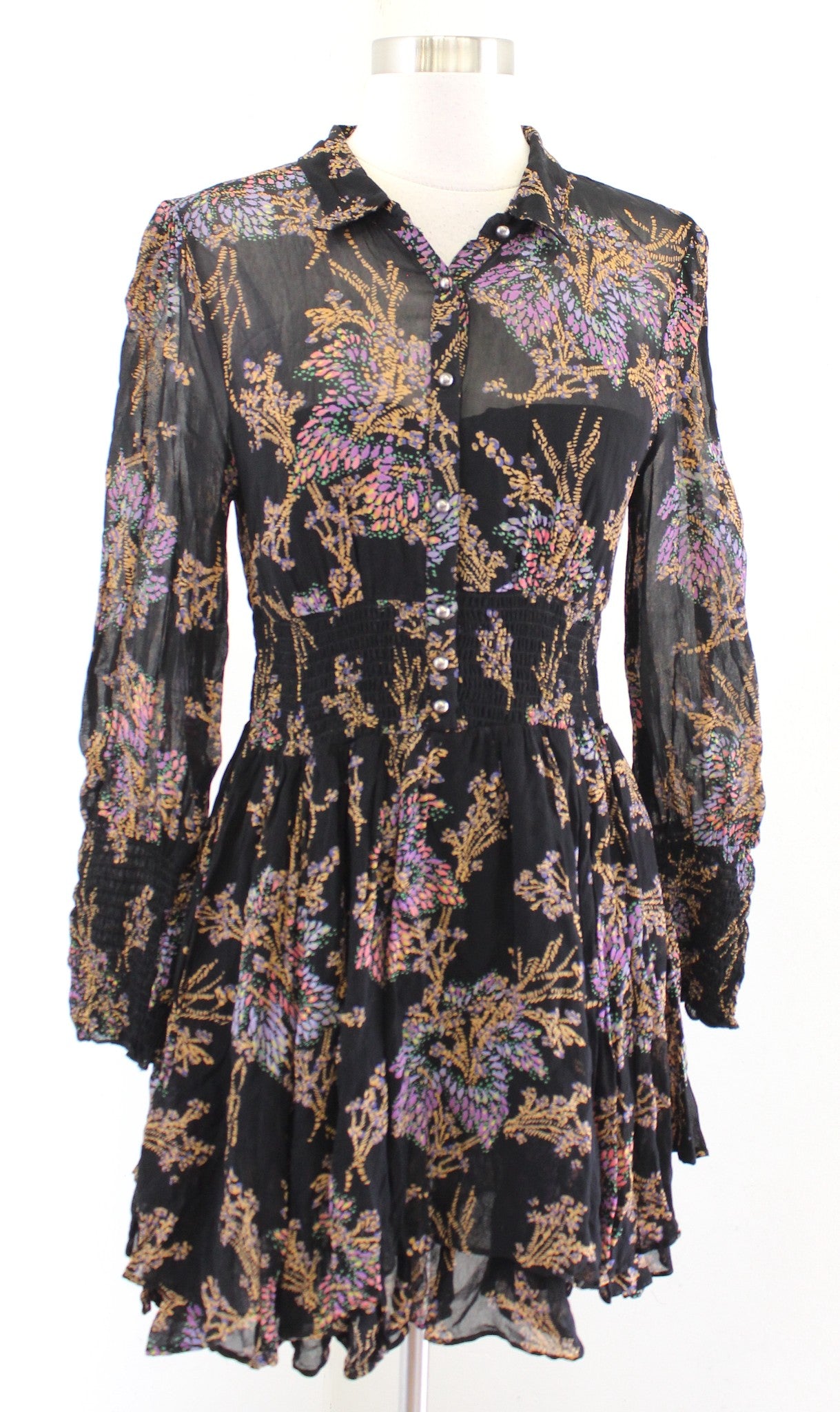 Free People Fake Pretend Black Floral Long Sleeve Smocked Mini Dress Size S