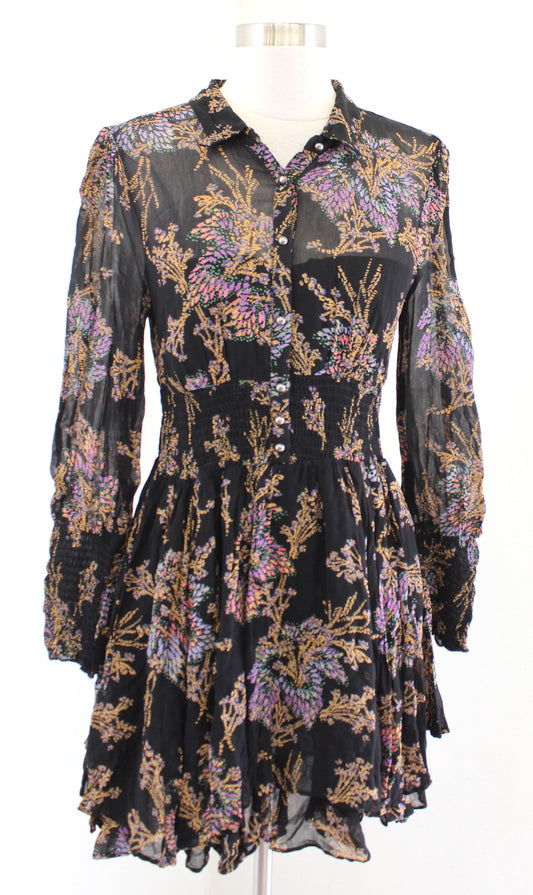 Free People Fake Pretend Black Floral Long Sleeve Smocked Mini Dress Size S