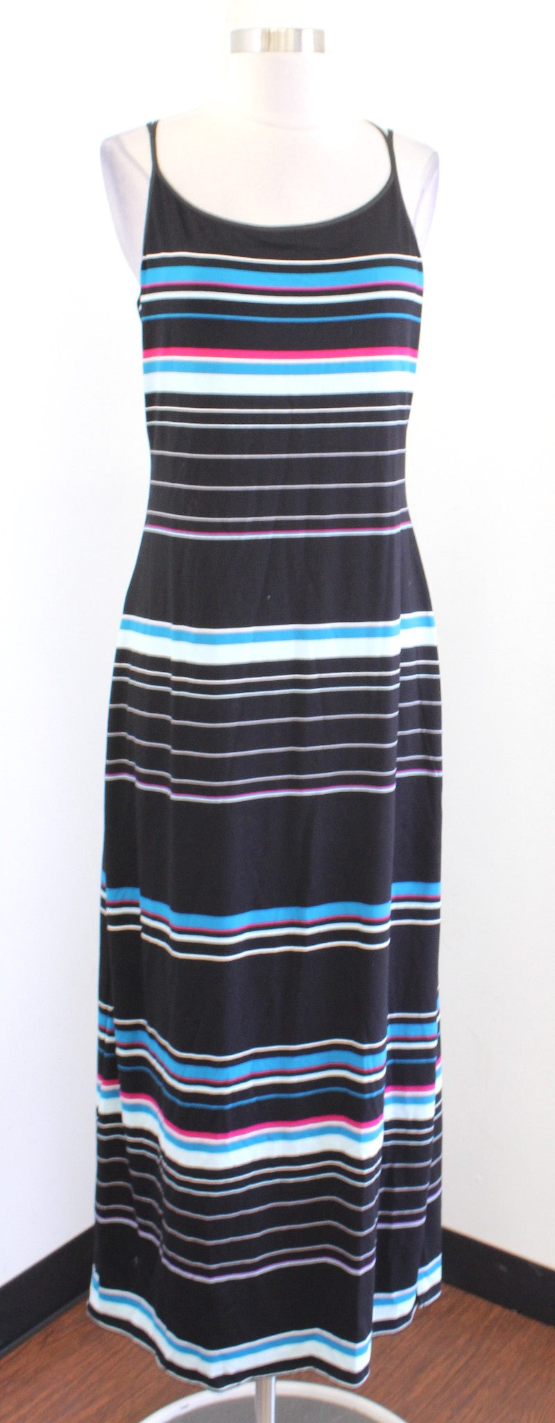 NWT White House Black Market Black Knit Striped Strappy Maxi Dress Size M Blue