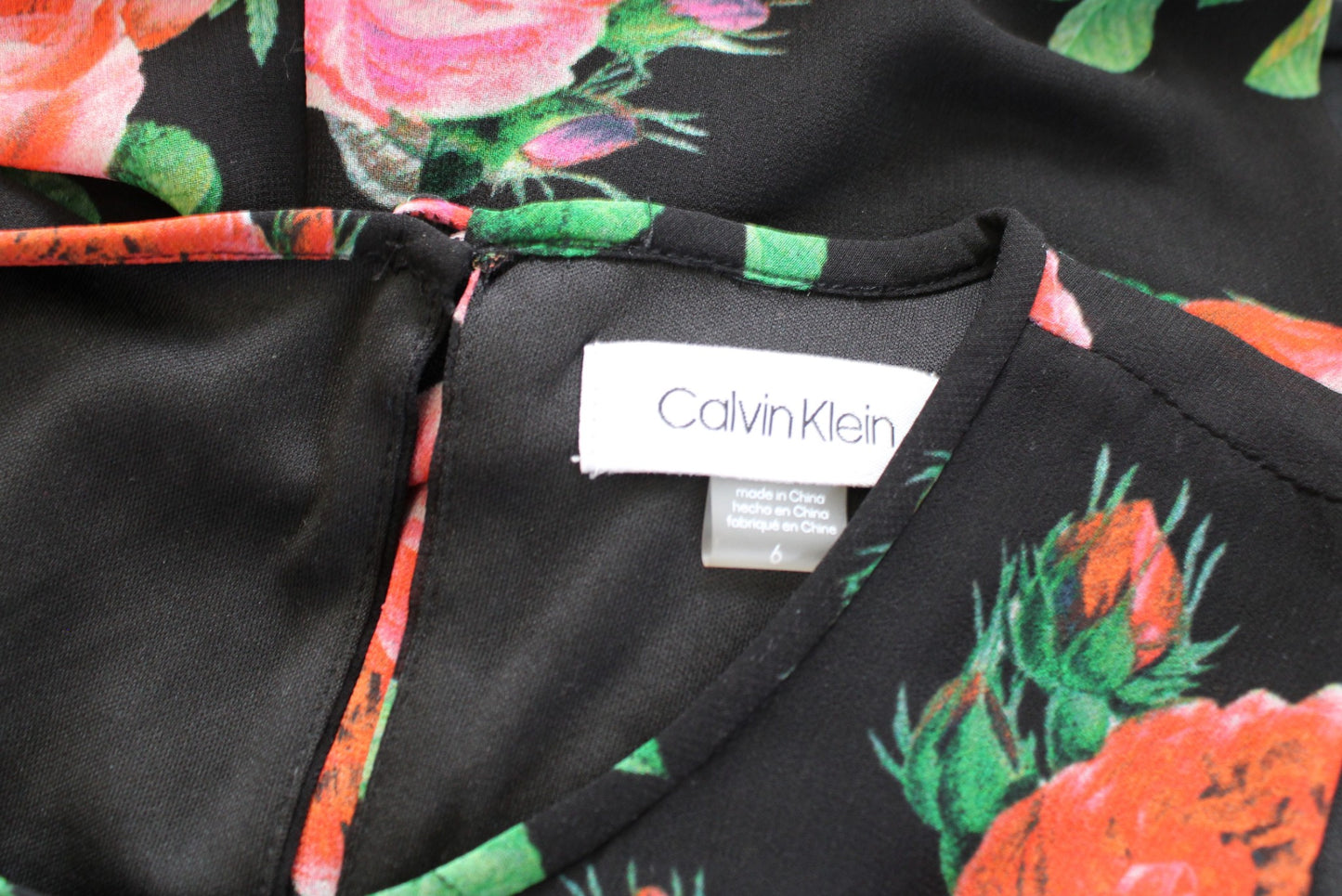 Calvin Klein Black Floral Print Trapeze Shift Dress Size 6 Sleeveless Green