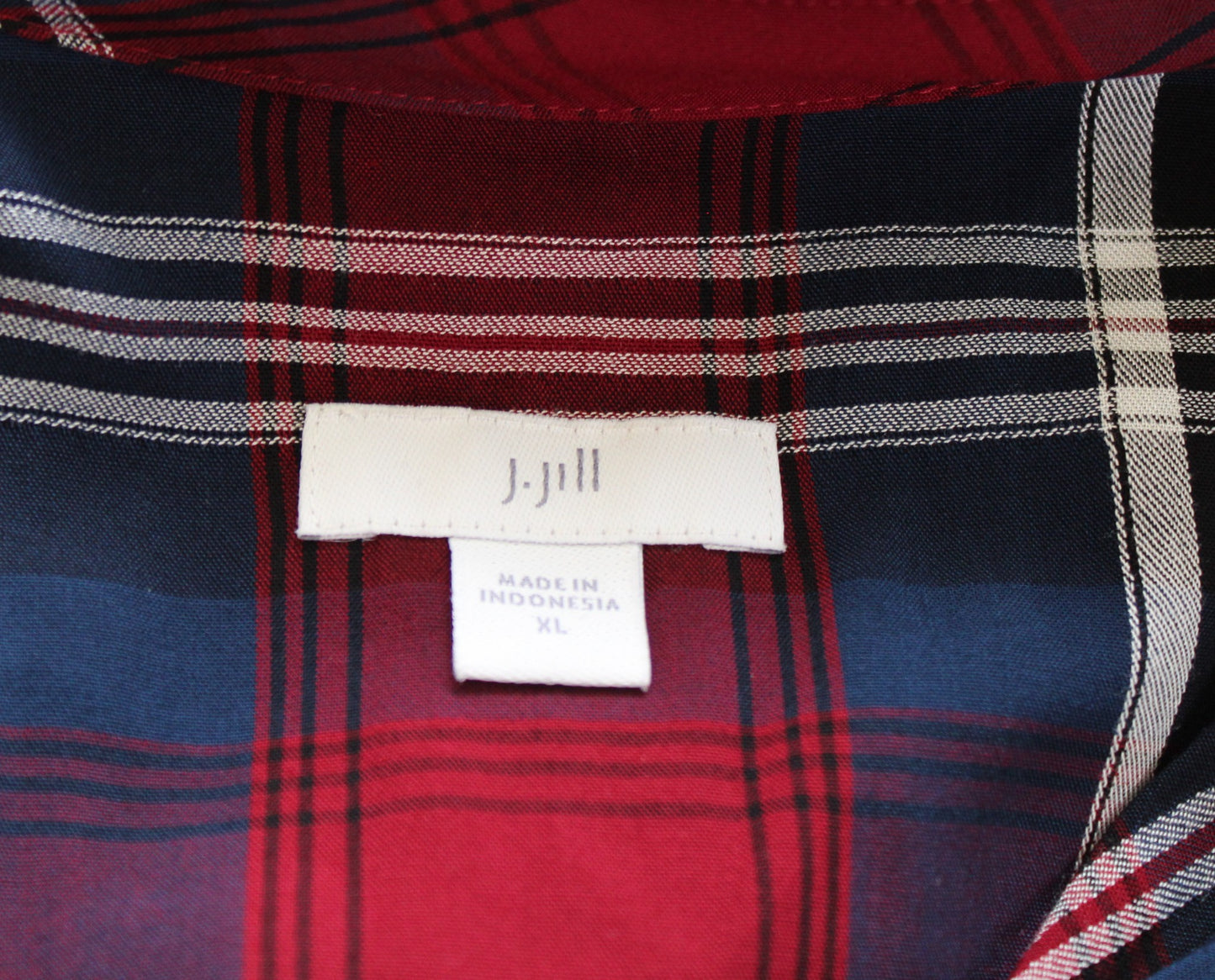 J Jill Red Navy Blue Plaid Long Sleeve Midi Shirt Dress Size XL Casual Shift
