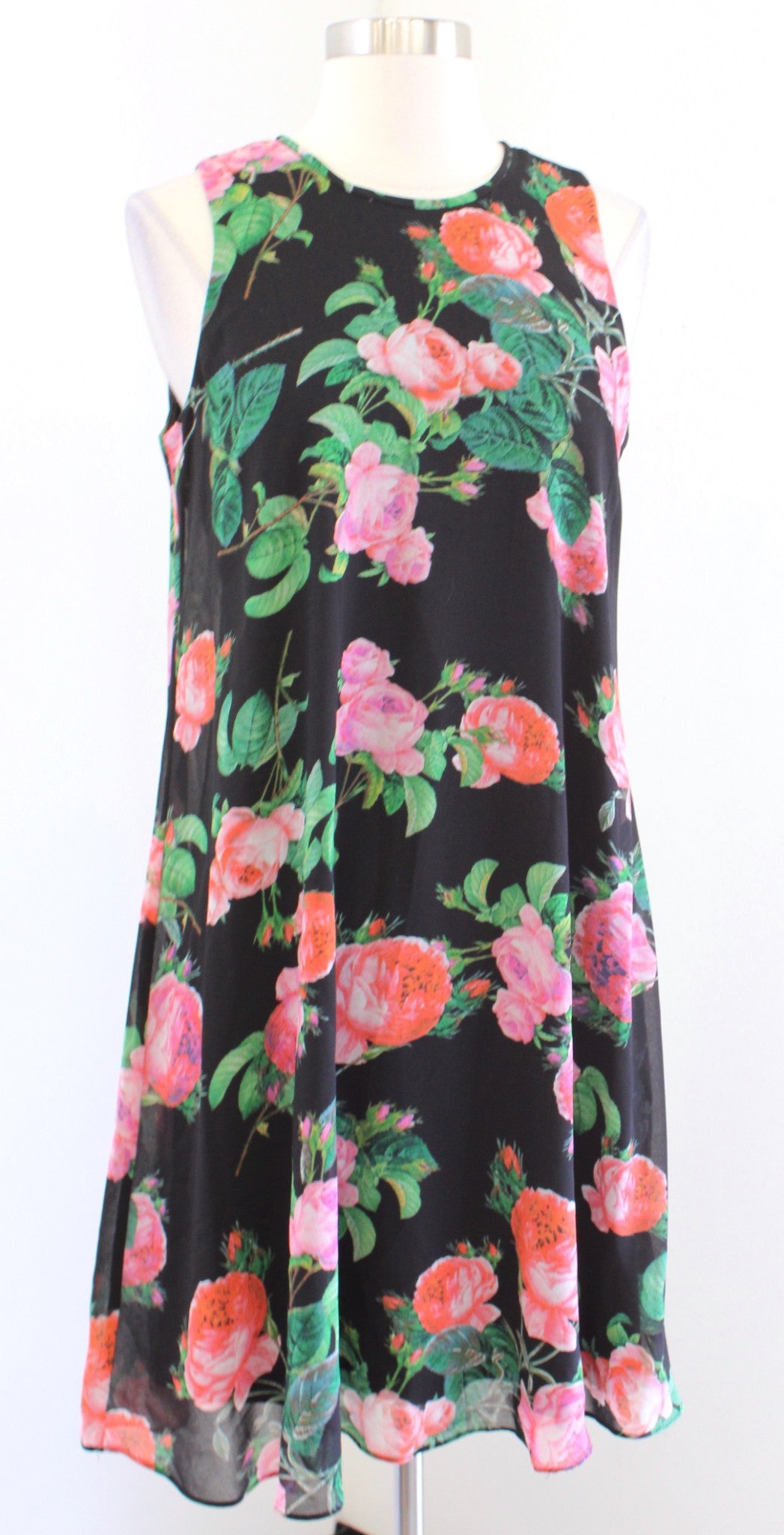 Calvin Klein Black Floral Print Trapeze Shift Dress Size 6 Sleeveless Green