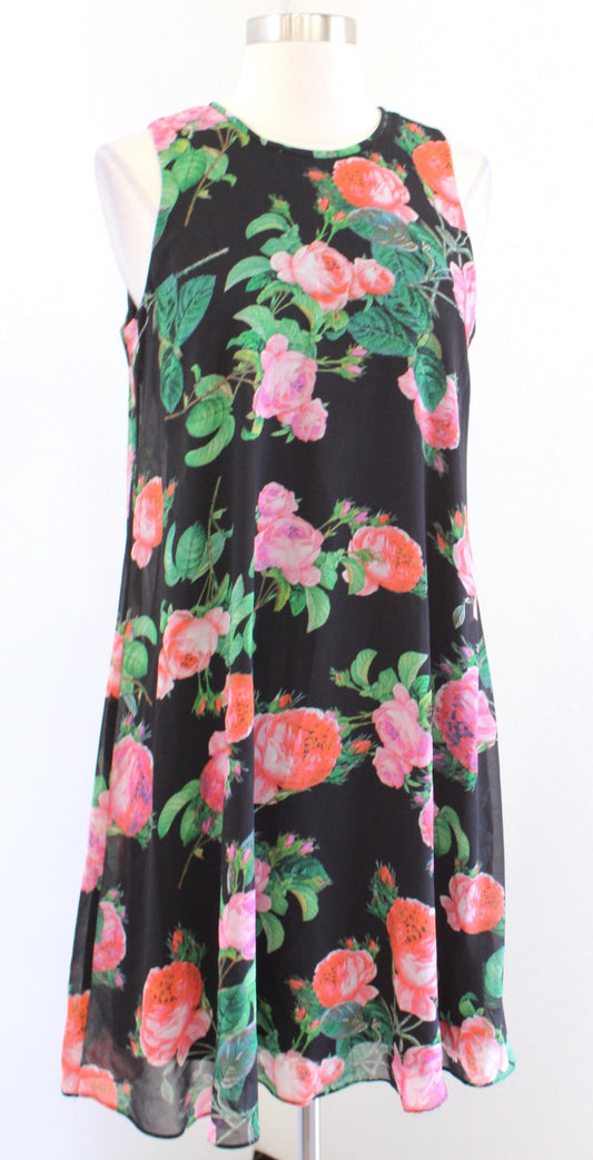 Calvin Klein Black Floral Print Trapeze Shift Dress Size 6 Sleeveless Green