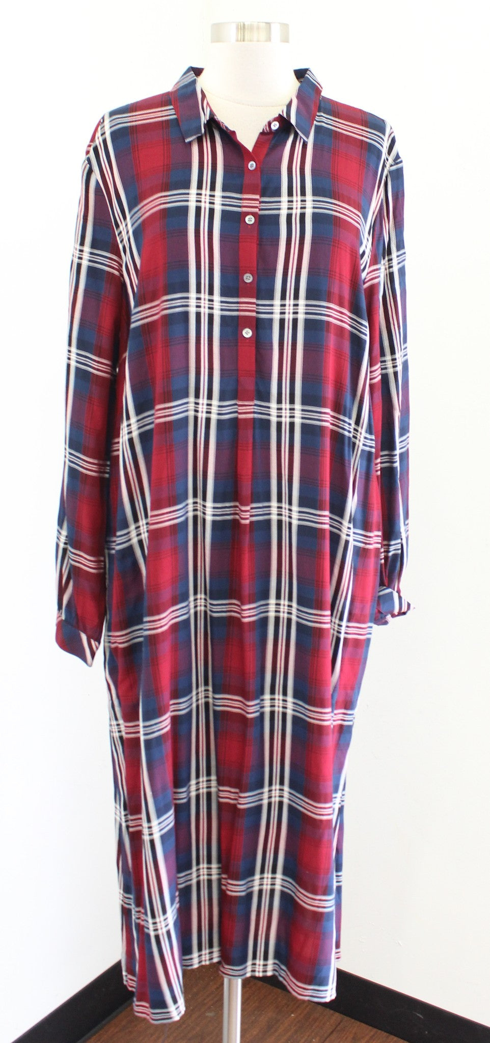 J Jill Red Navy Blue Plaid Long Sleeve Midi Shirt Dress Size XL Casual Shift