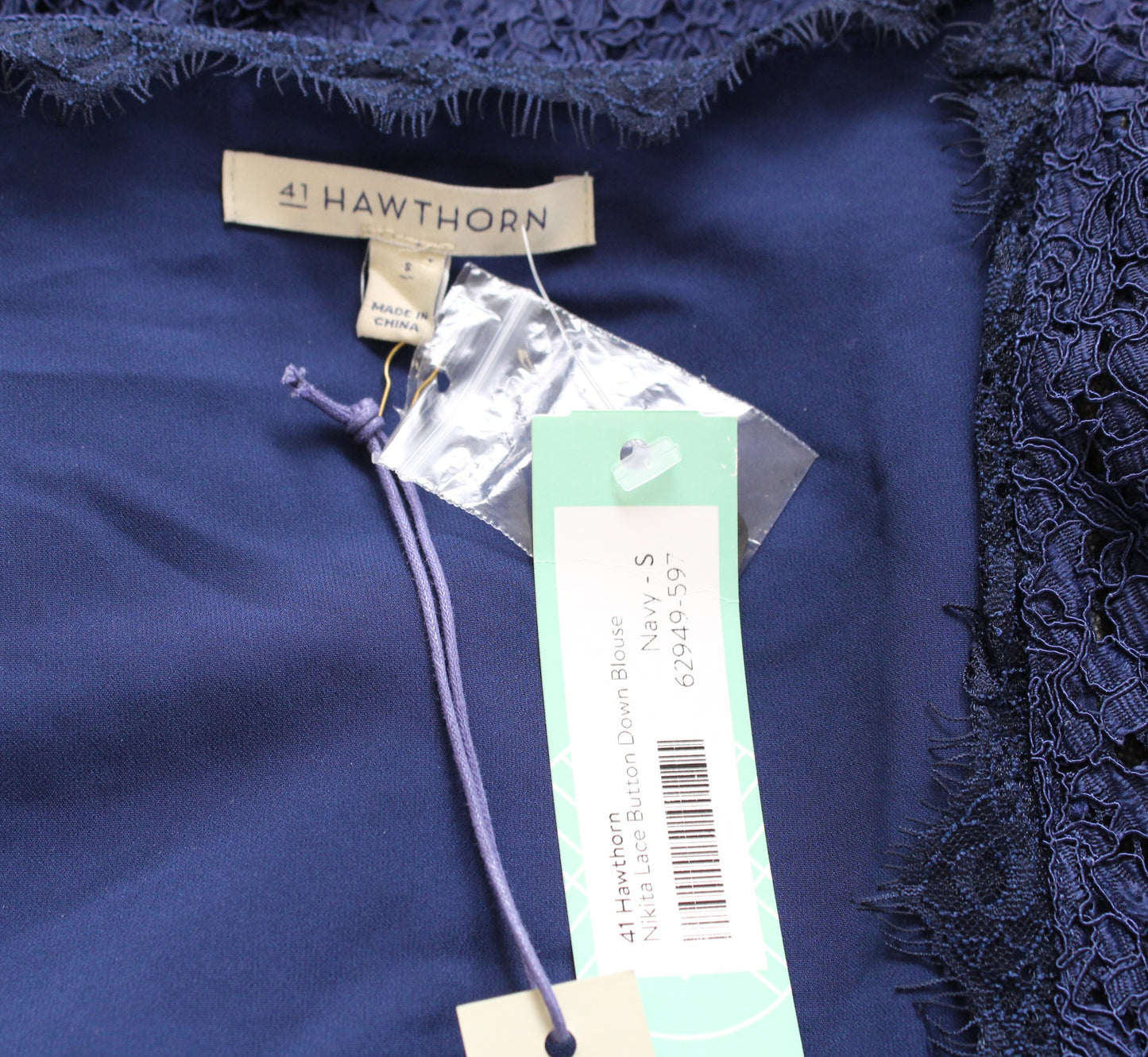 NWT 41 Hawthorn Stitch Fix Navy Blue Lace V Neck Button Front Blouse Shirt Sz S long sleeve