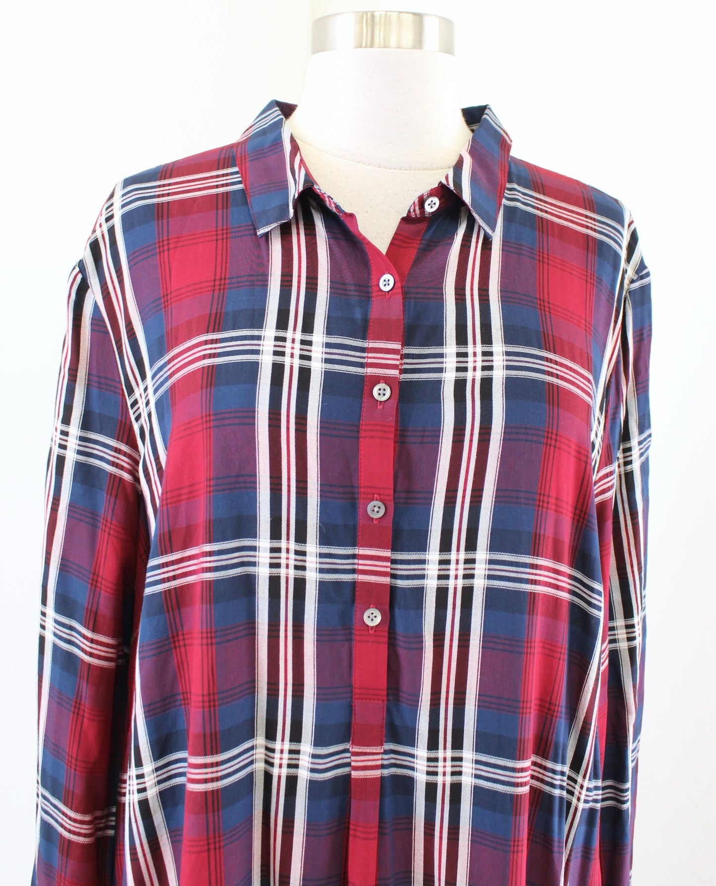 J Jill Red Navy Blue Plaid Long Sleeve Midi Shirt Dress Size XL Casual Shift