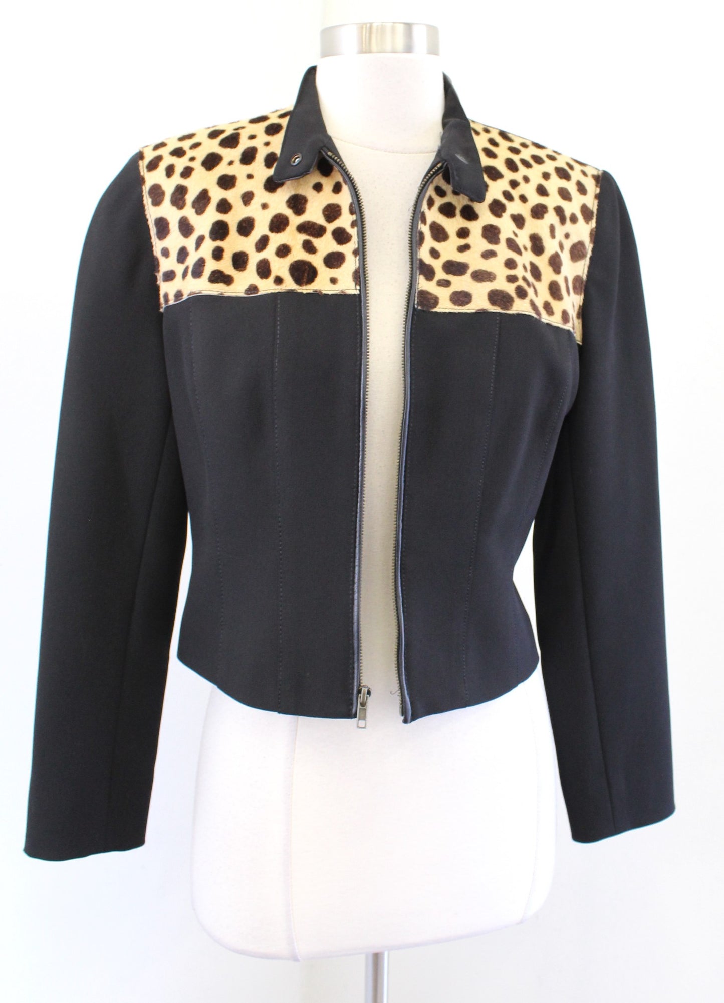 Vtg Alberto Makali Black Goat Hair Leather Zip Front Crop Moto Jacket Size 4