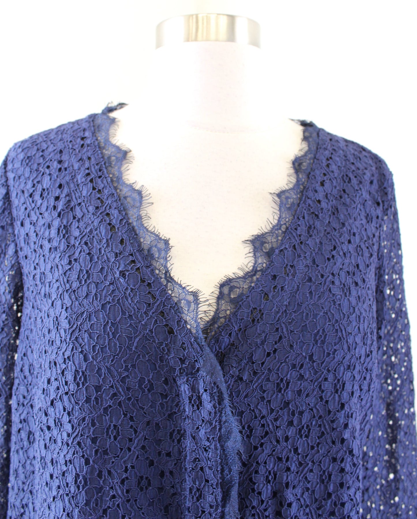 NWT 41 Hawthorn Stitch Fix Navy Blue Lace V Neck Button Front Blouse Shirt Sz S long sleeve
