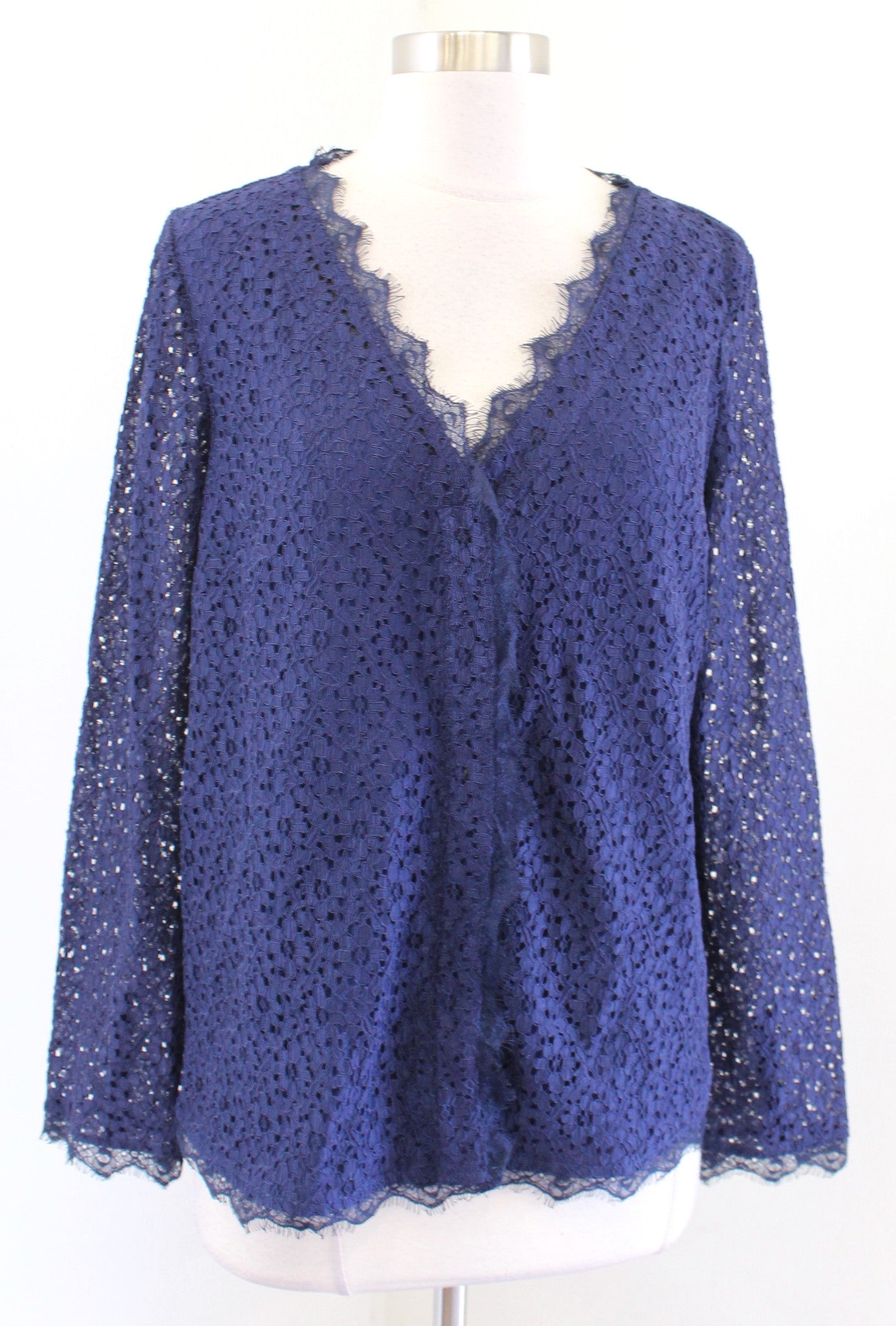 NWT 41 Hawthorn Stitch Fix Navy Blue Lace V Neck Button Front Blouse Shirt Sz S long sleeve
