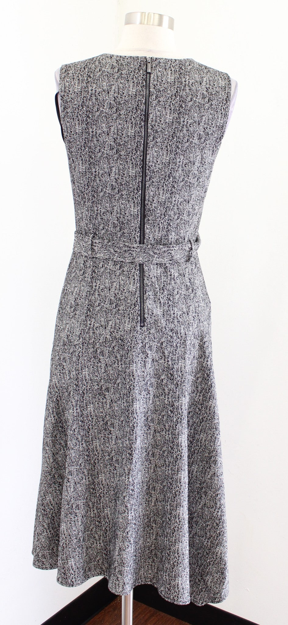 Calvin Klein Gray Herringbone Belted Asymmetrical Hem Midi Dress 6 Black White