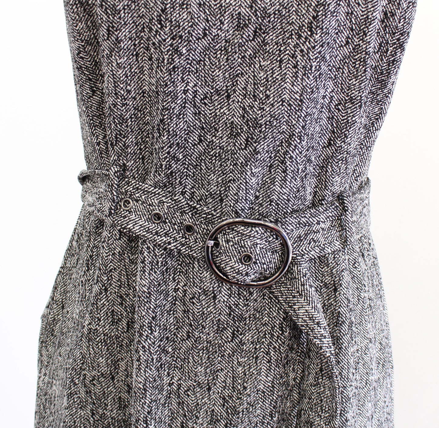 Calvin Klein Gray Herringbone Belted Asymmetrical Hem Midi Dress 6 Black White