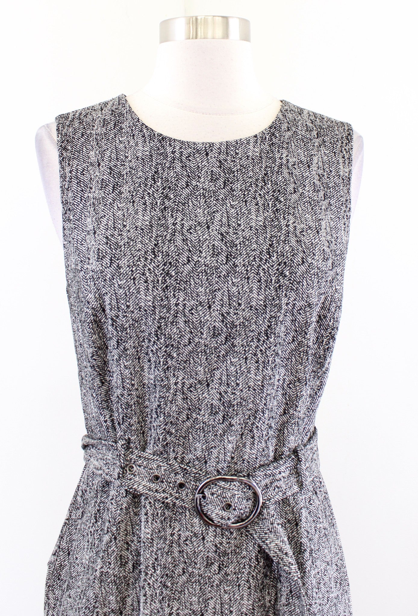 Calvin Klein Gray Herringbone Belted Asymmetrical Hem Midi Dress 6 Black White
