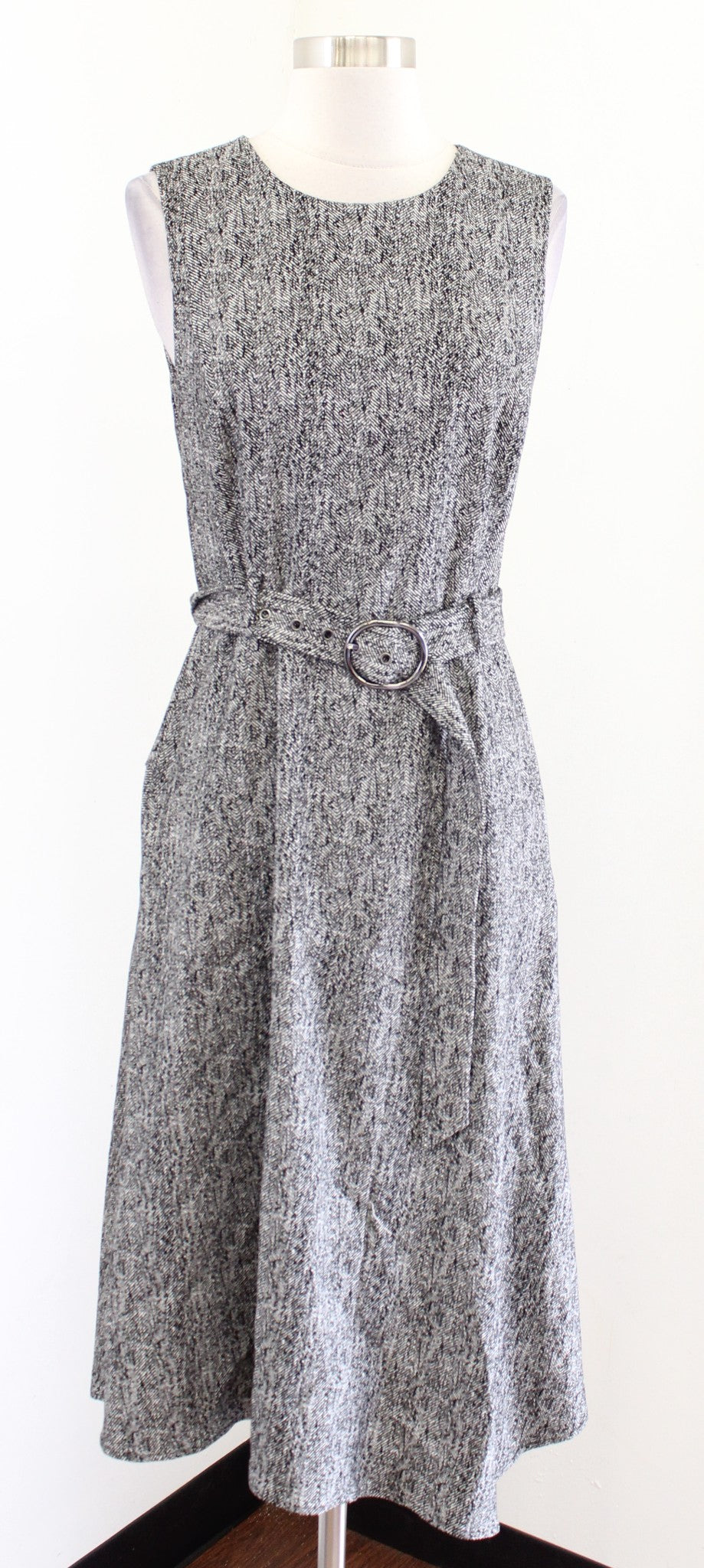 Calvin Klein Gray Herringbone Belted Asymmetrical Hem Midi Dress 6 Black White