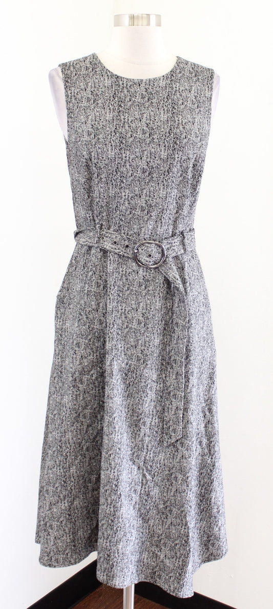 Calvin Klein Gray Herringbone Belted Asymmetrical Hem Midi Dress 6 Black White