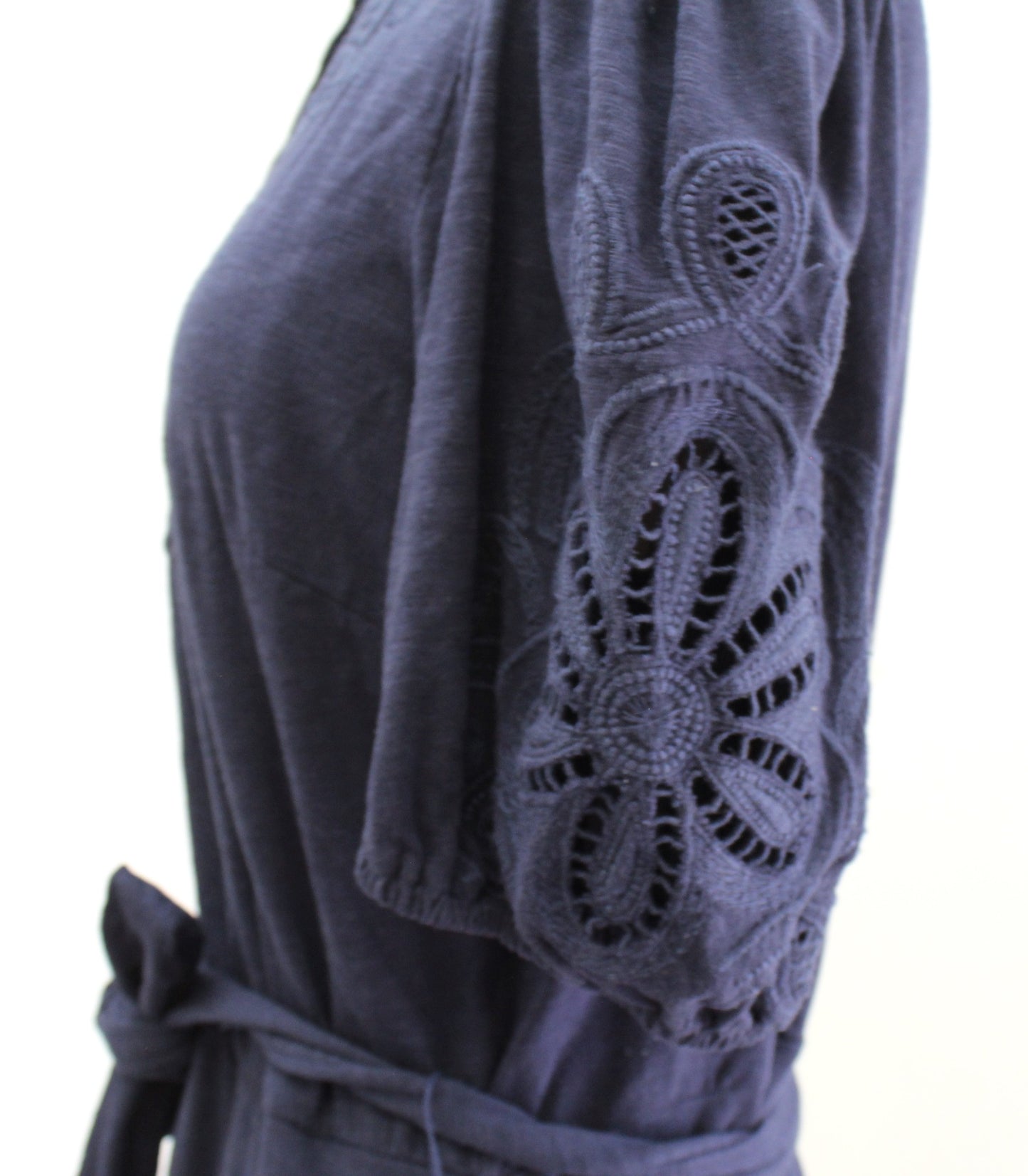 Boden Navy Blue Embroidered Jersey Shirt Dress Size Us 10R 10 Eyelet Puff Sleeve
