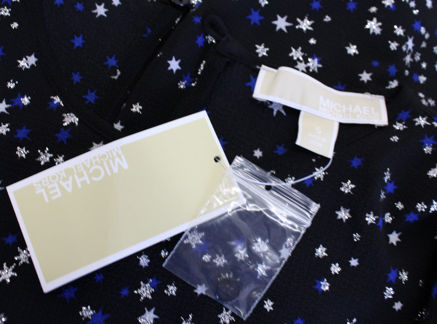 NWT Michael Kors Black Blue Silver Shimmer Star Print Bell Sleeve Top Blouse S Long Sleeve