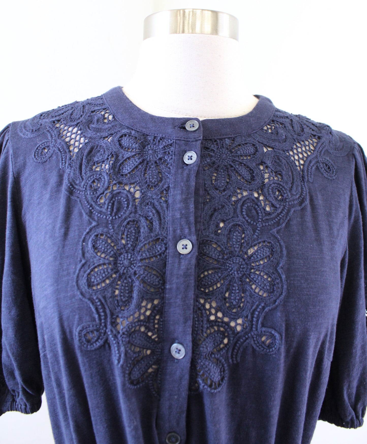 Boden Navy Blue Embroidered Jersey Shirt Dress Size Us 10R 10 Eyelet Puff Sleeve