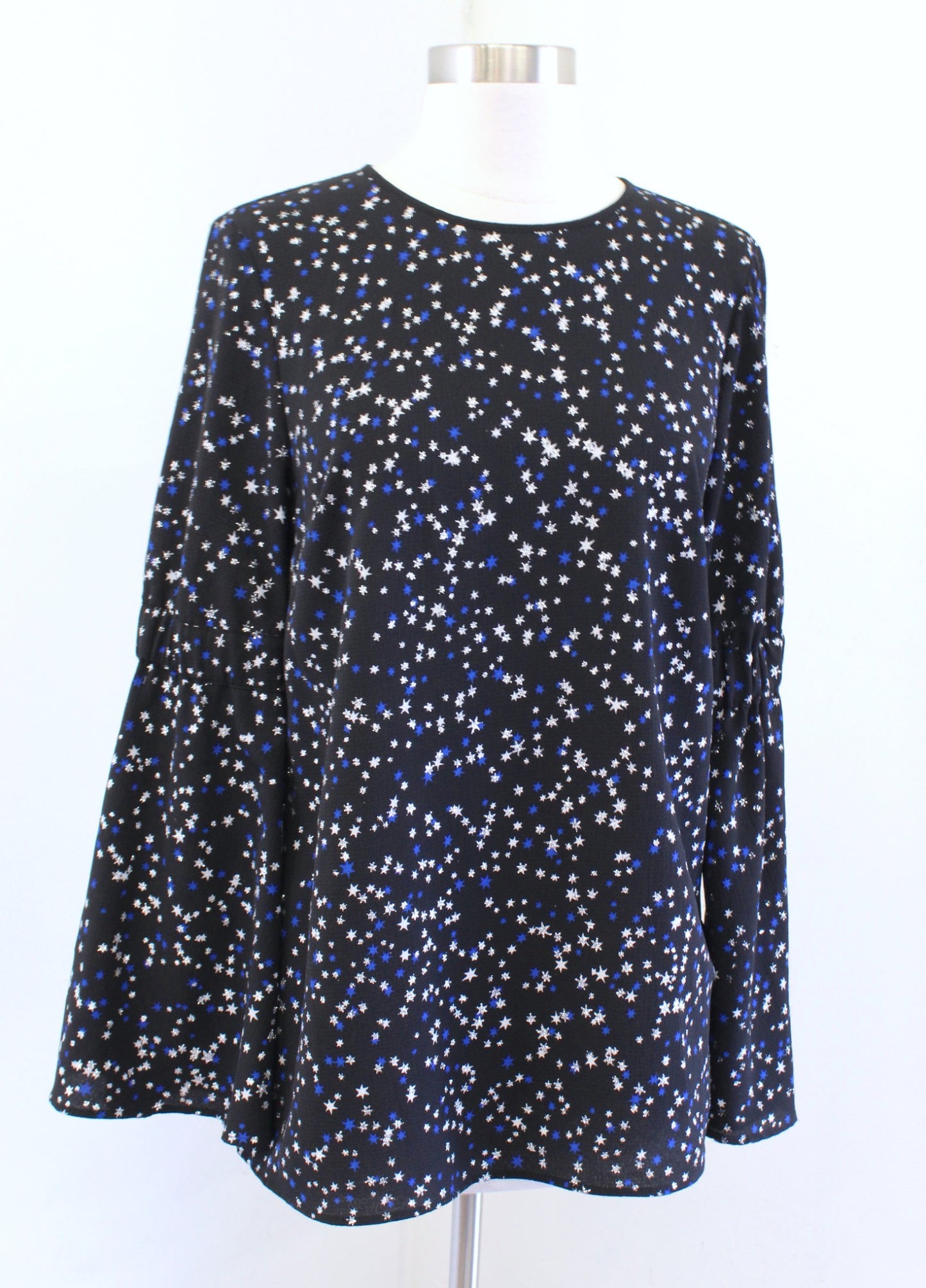 NWT Michael Kors Black Blue Silver Shimmer Star Print Bell Sleeve Top Blouse S Long Sleeve
