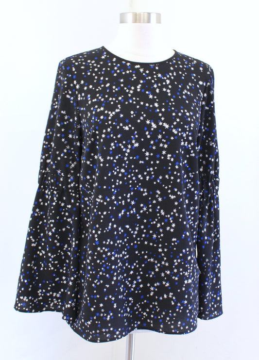 NWT Michael Kors Black Blue Silver Shimmer Star Print Bell Sleeve Top Blouse S