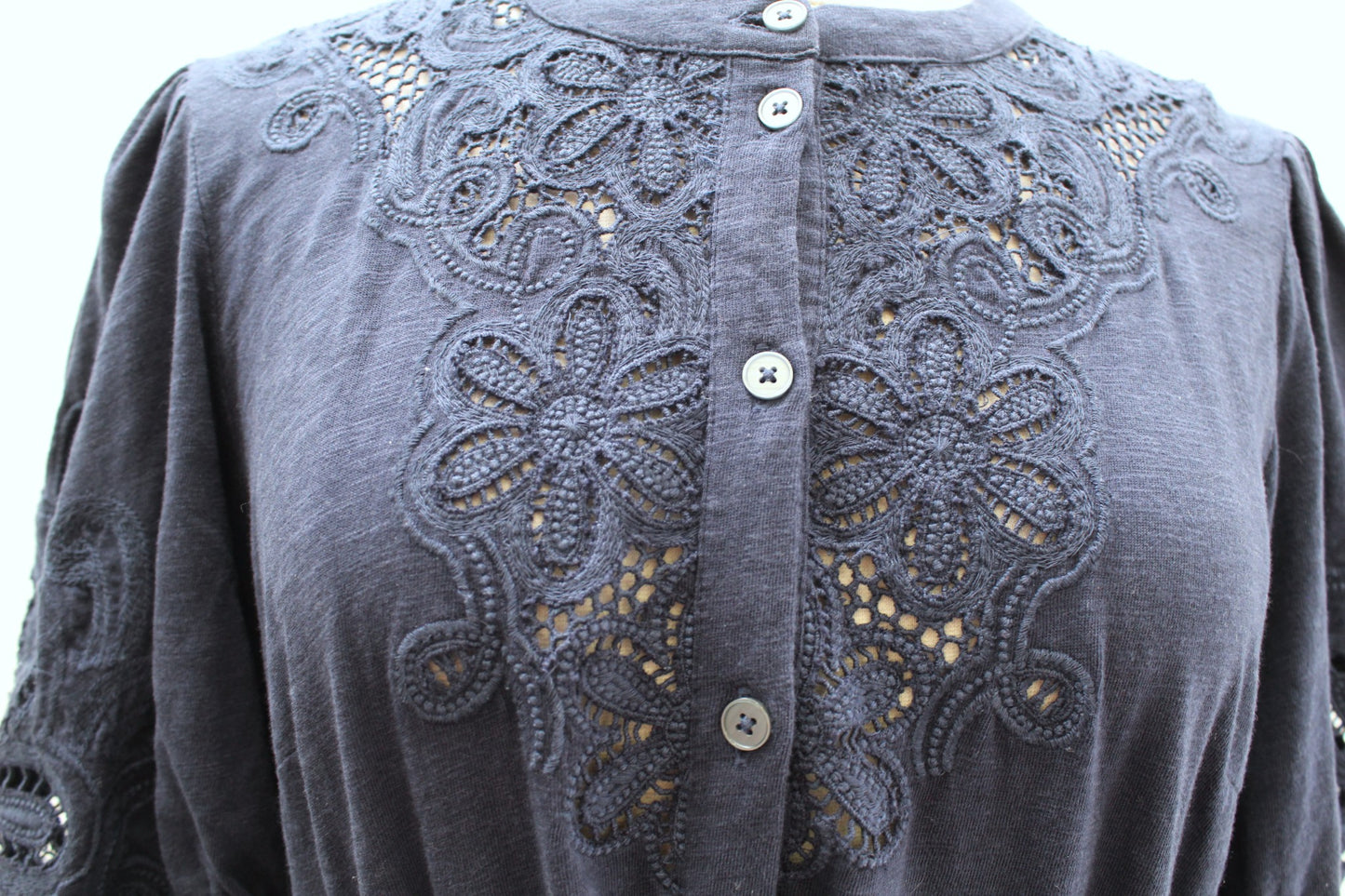 Boden Navy Blue Embroidered Jersey Shirt Dress Size Us 10R 10 Eyelet Puff Sleeve