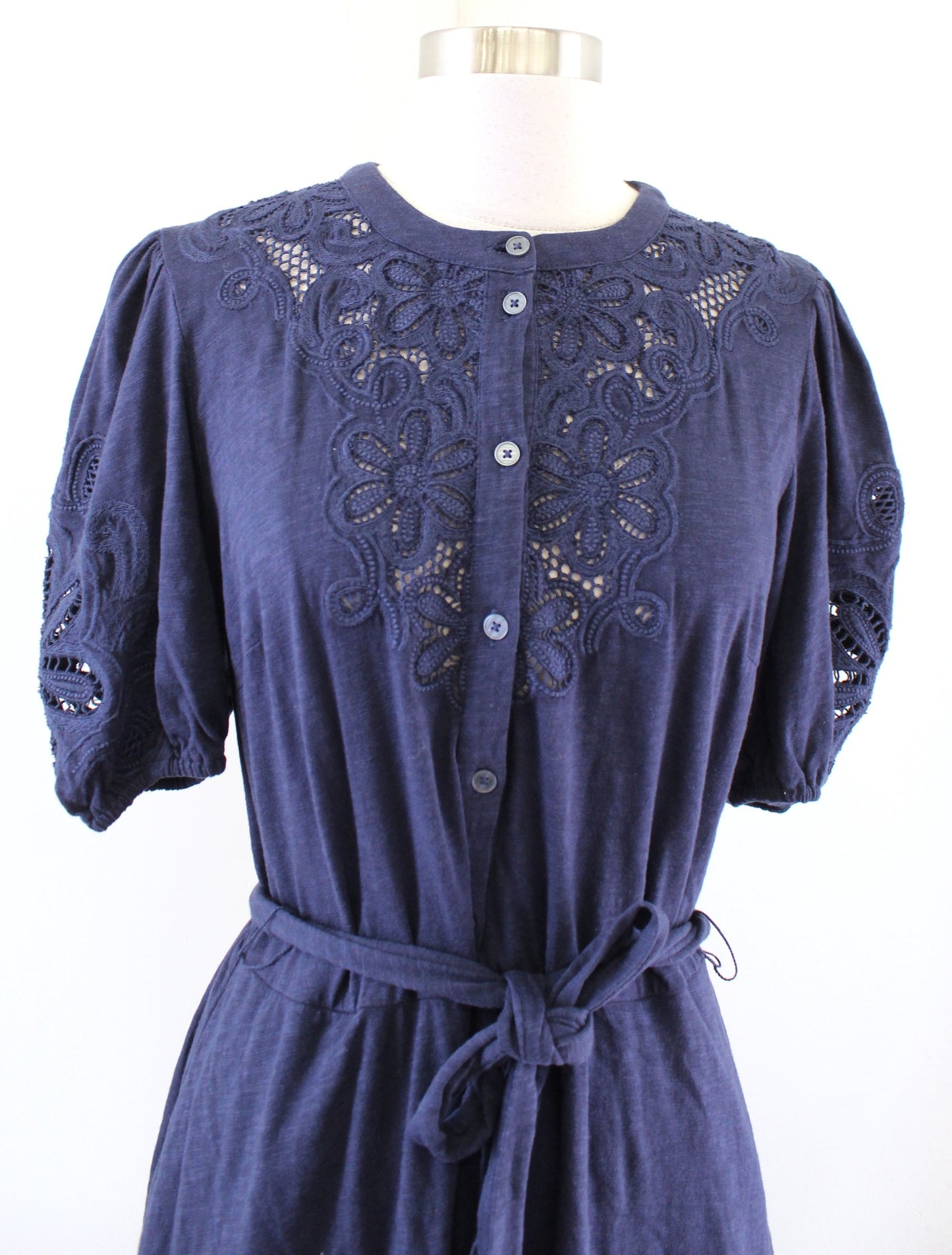 Boden Navy Blue Embroidered Jersey Shirt Dress Size Us 10R 10 Eyelet Puff Sleeve