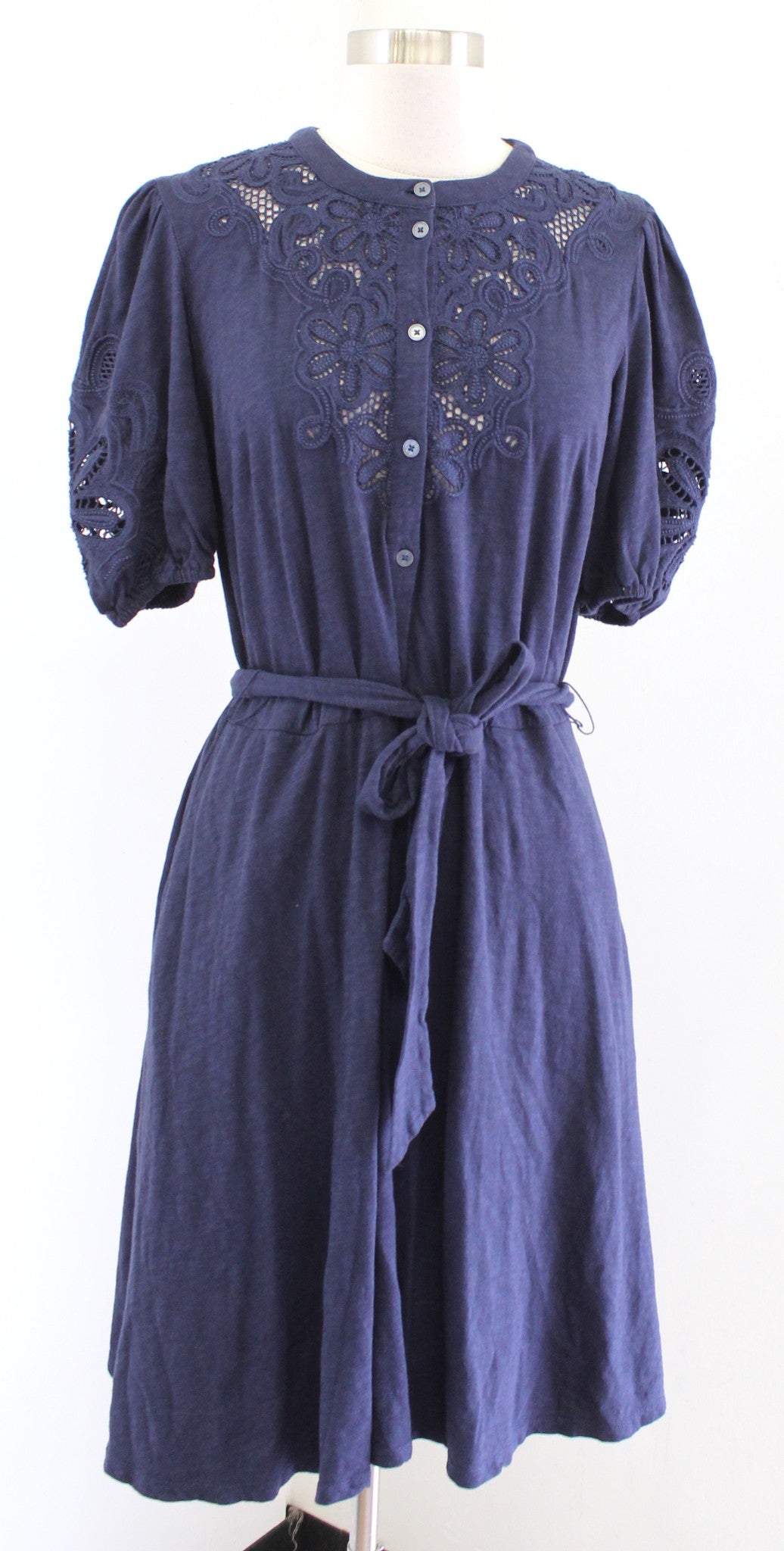 Boden Navy Blue Embroidered Jersey Shirt Dress Size Us 10R 10 Eyelet Puff Sleeve