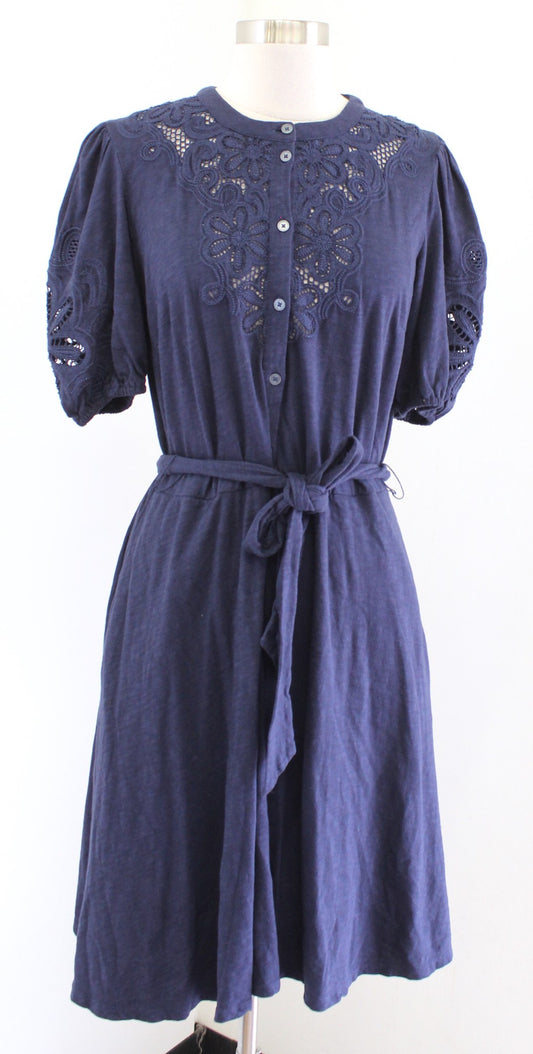 Boden Navy Blue Embroidered Jersey Shirt Dress Size Us 10R 10 Eyelet Puff Sleeve