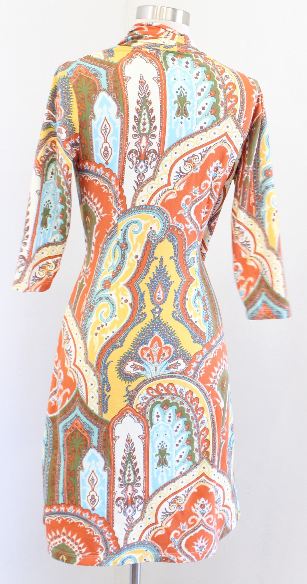 J McLaughlin Paisley Print Ruched Panama Wrap Dress Catalina Cloth Sz XS Orange