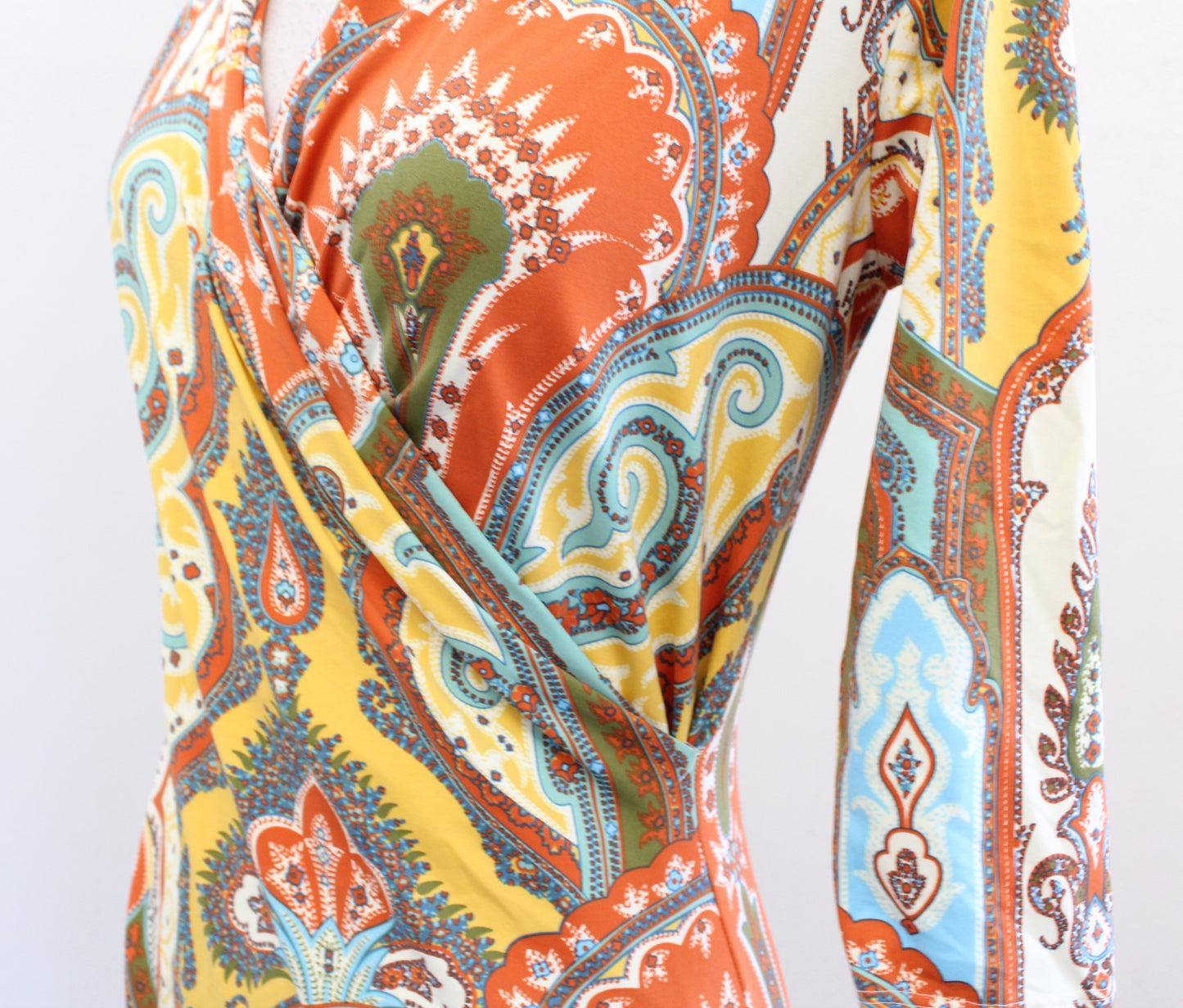 J McLaughlin Paisley Print Ruched Panama Wrap Dress Catalina Cloth Sz XS Orange