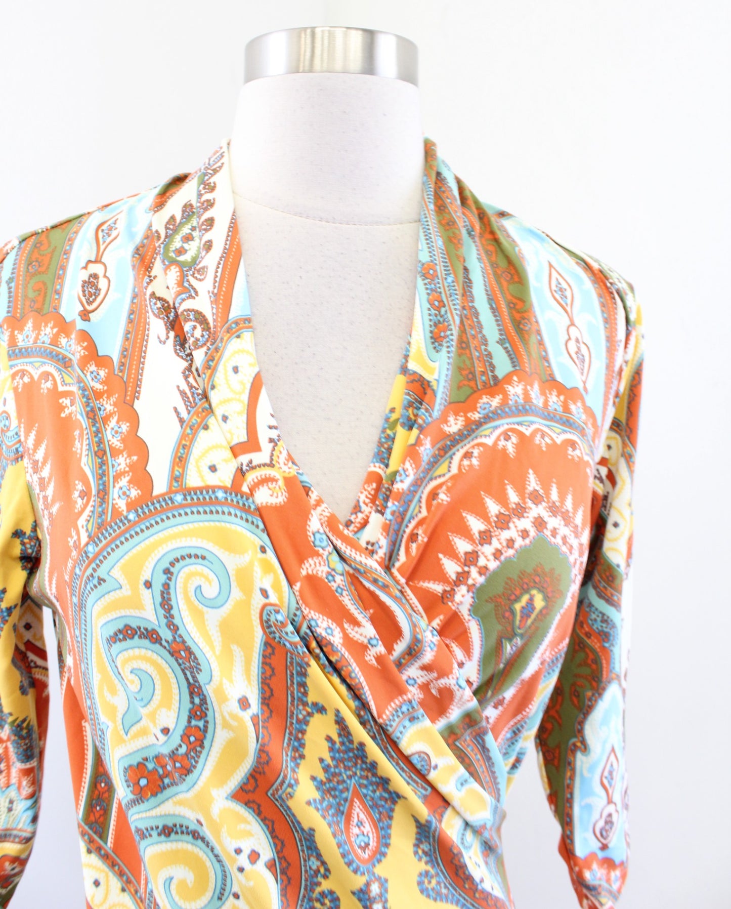 J McLaughlin Paisley Print Ruched Panama Wrap Dress Catalina Cloth Sz XS Orange