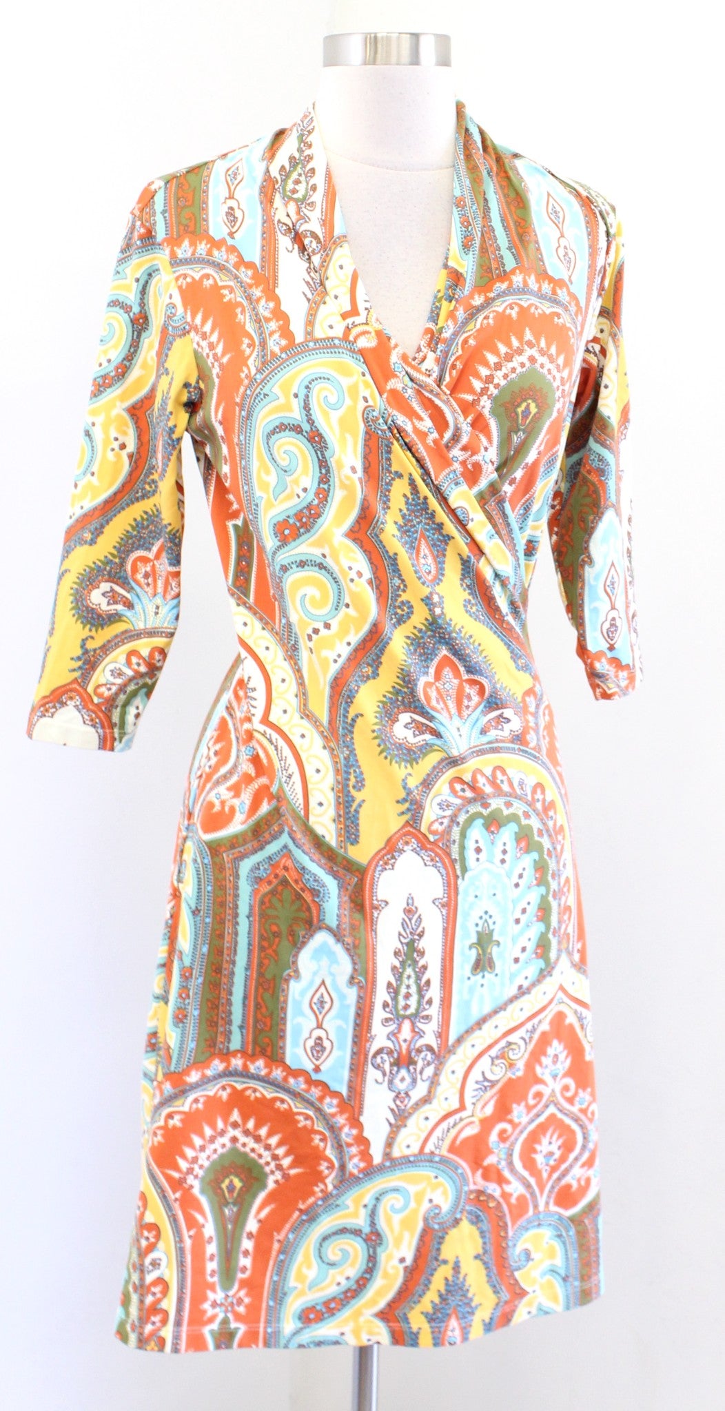 J McLaughlin Paisley Print Ruched Panama Wrap Dress Catalina Cloth Sz XS Orange