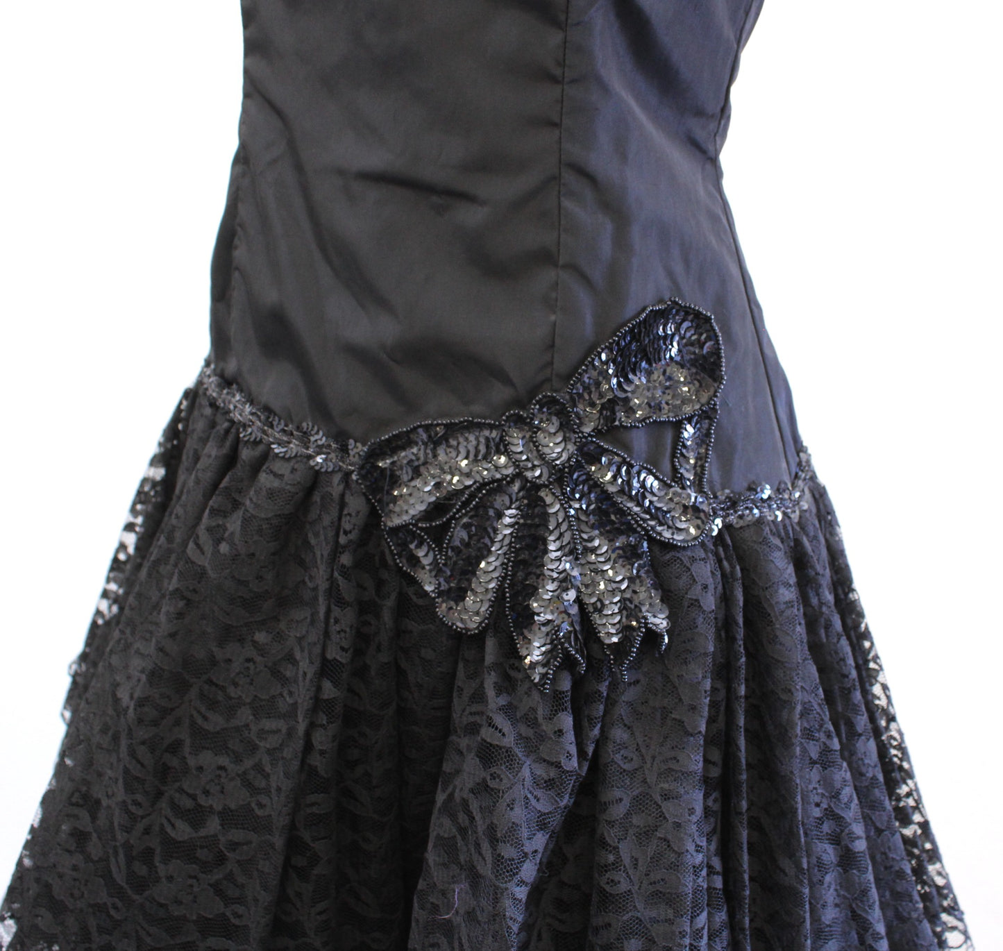 Vtg 80s Loralie Black Lace Sequin Bow Fit and Flare Party Prom Dress Retro XS S