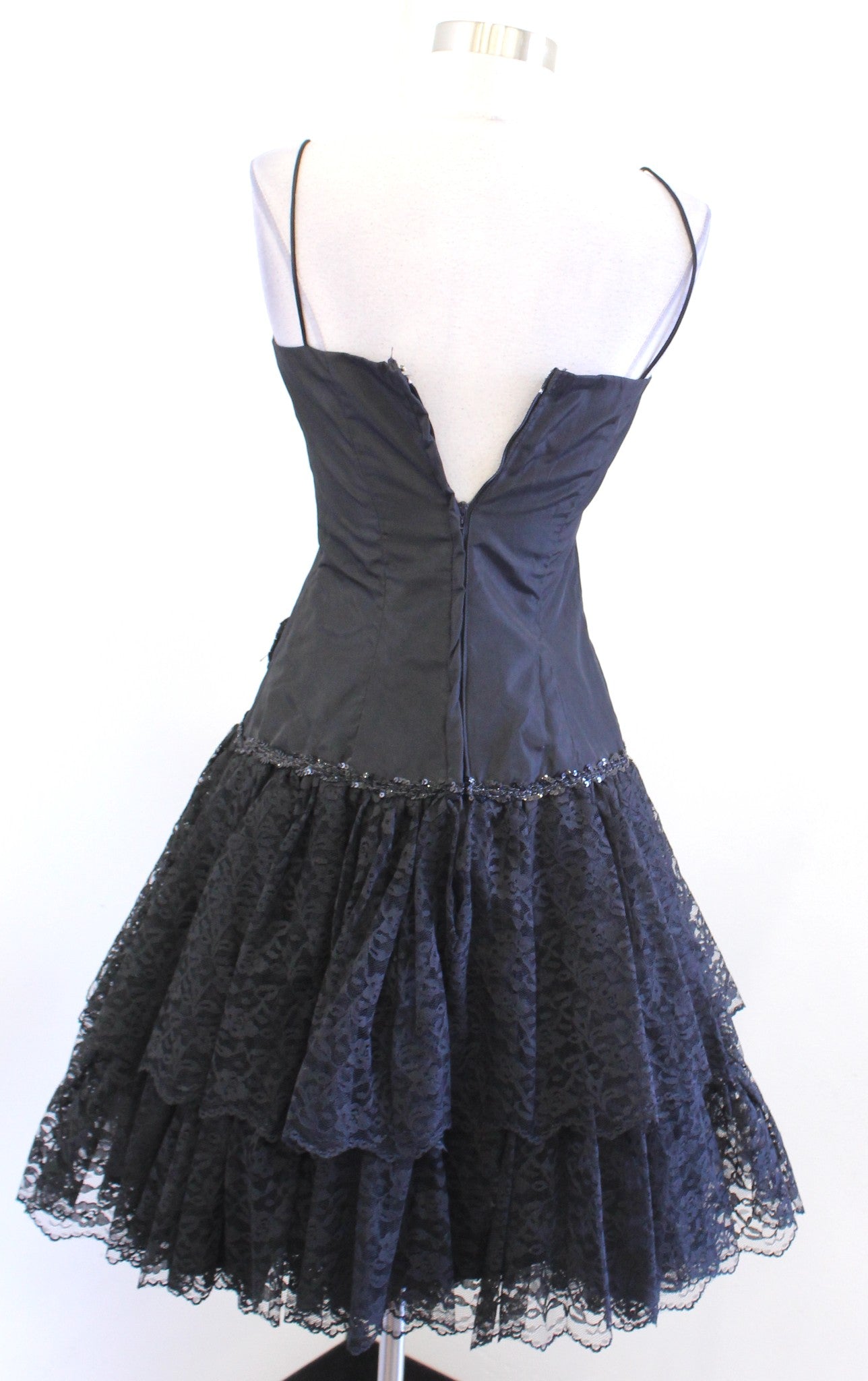 Vtg 80s Loralie Black Lace Sequin Bow Fit and Flare Party Prom Dress Retro XS S